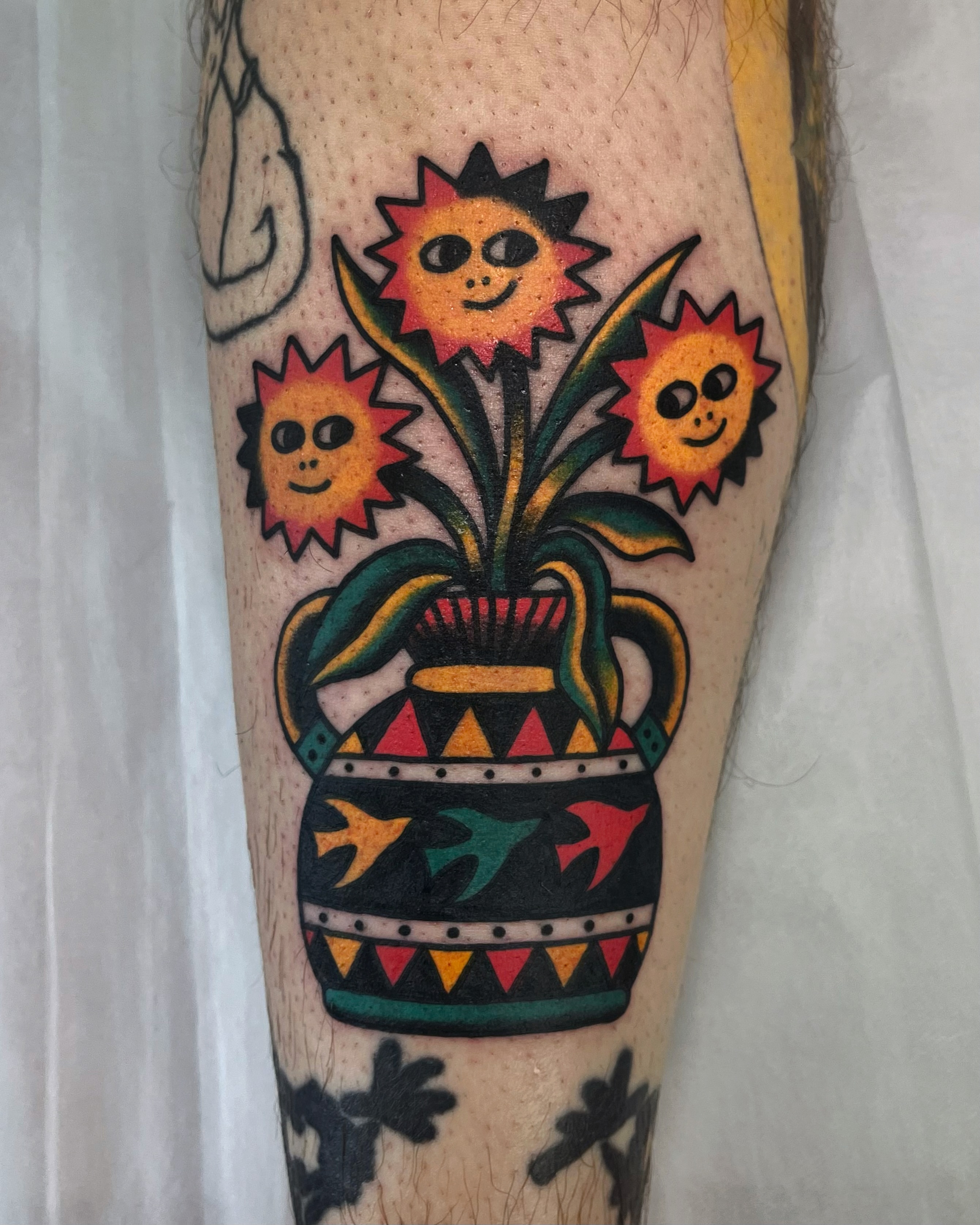 Sunflowers in pot American traditional tattoo on the forearm by Tattoo Dust ☻ Los Angeles