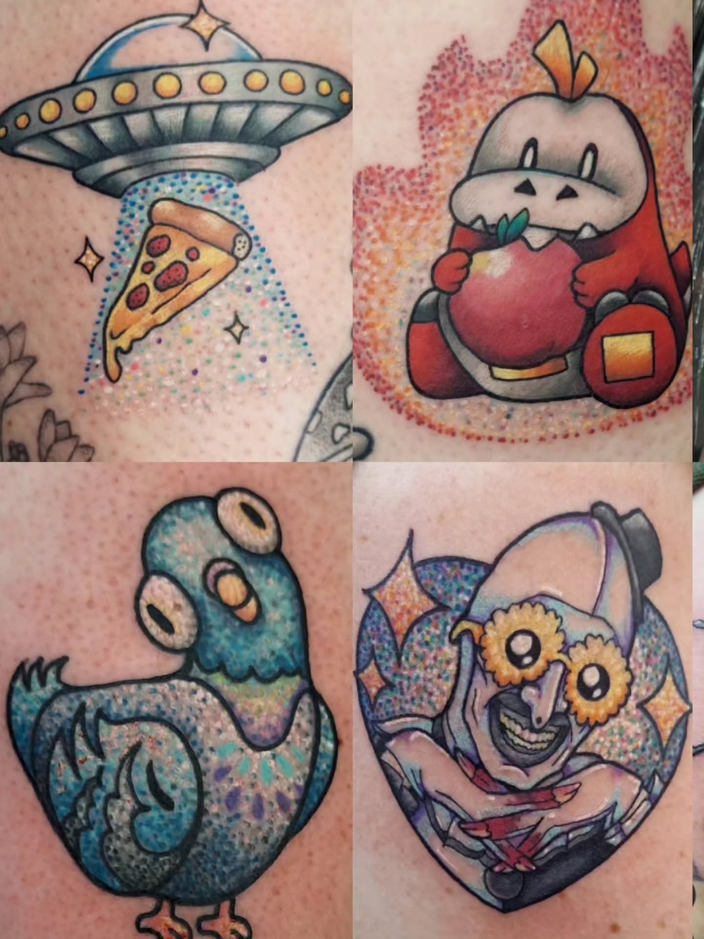 Pizza UFO dotwork tattoo on the forearm by Kari Rhoades, Marion, Iowa