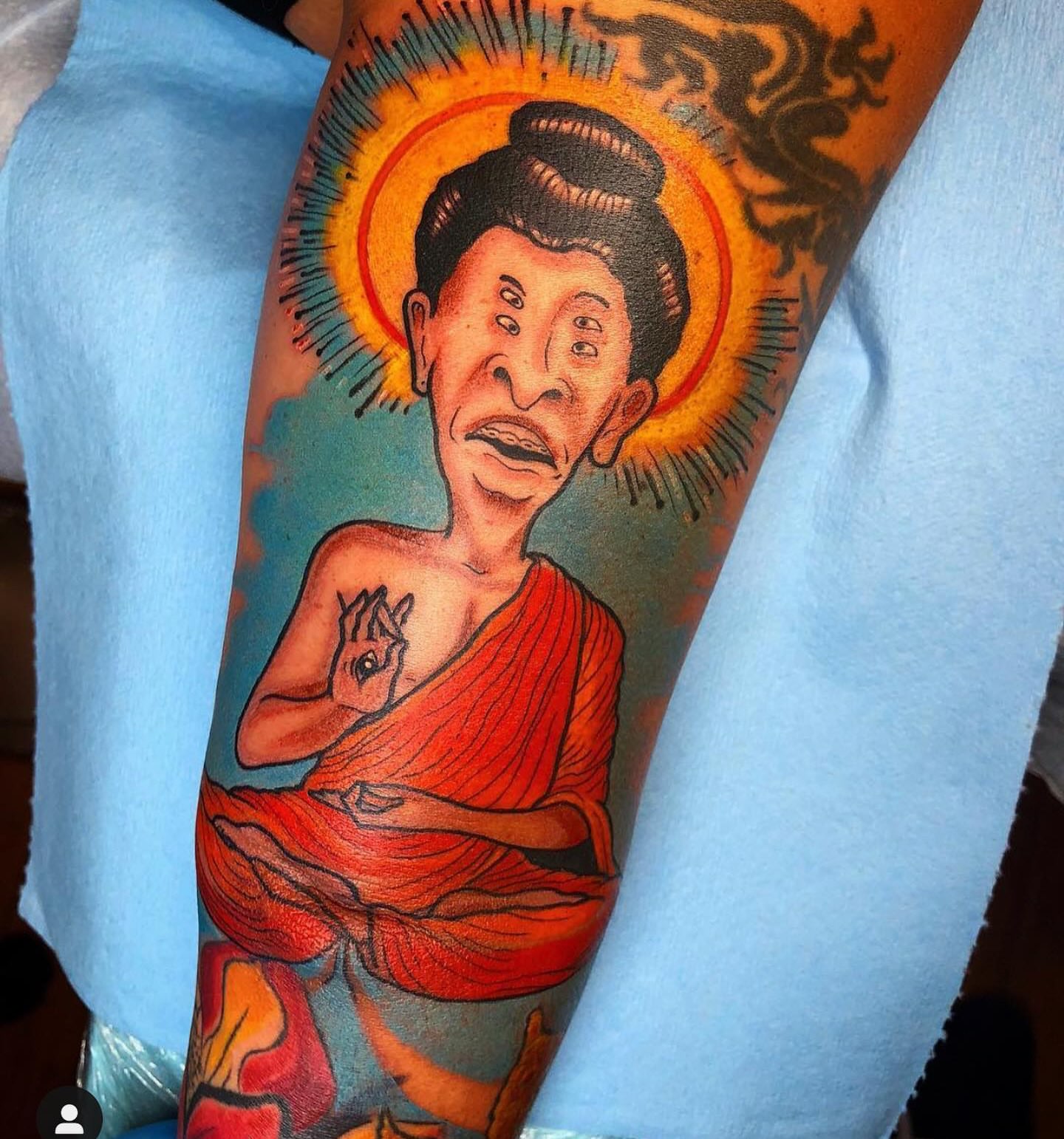 Buddhist monk American traditional tattoo on the forearm by Bacon 🥓