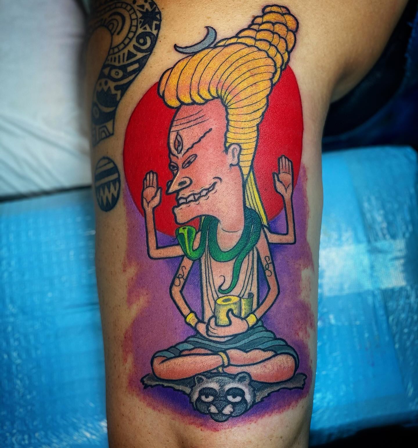 Bearded man meditating new school tattoo on the thigh by Bacon 🥓
