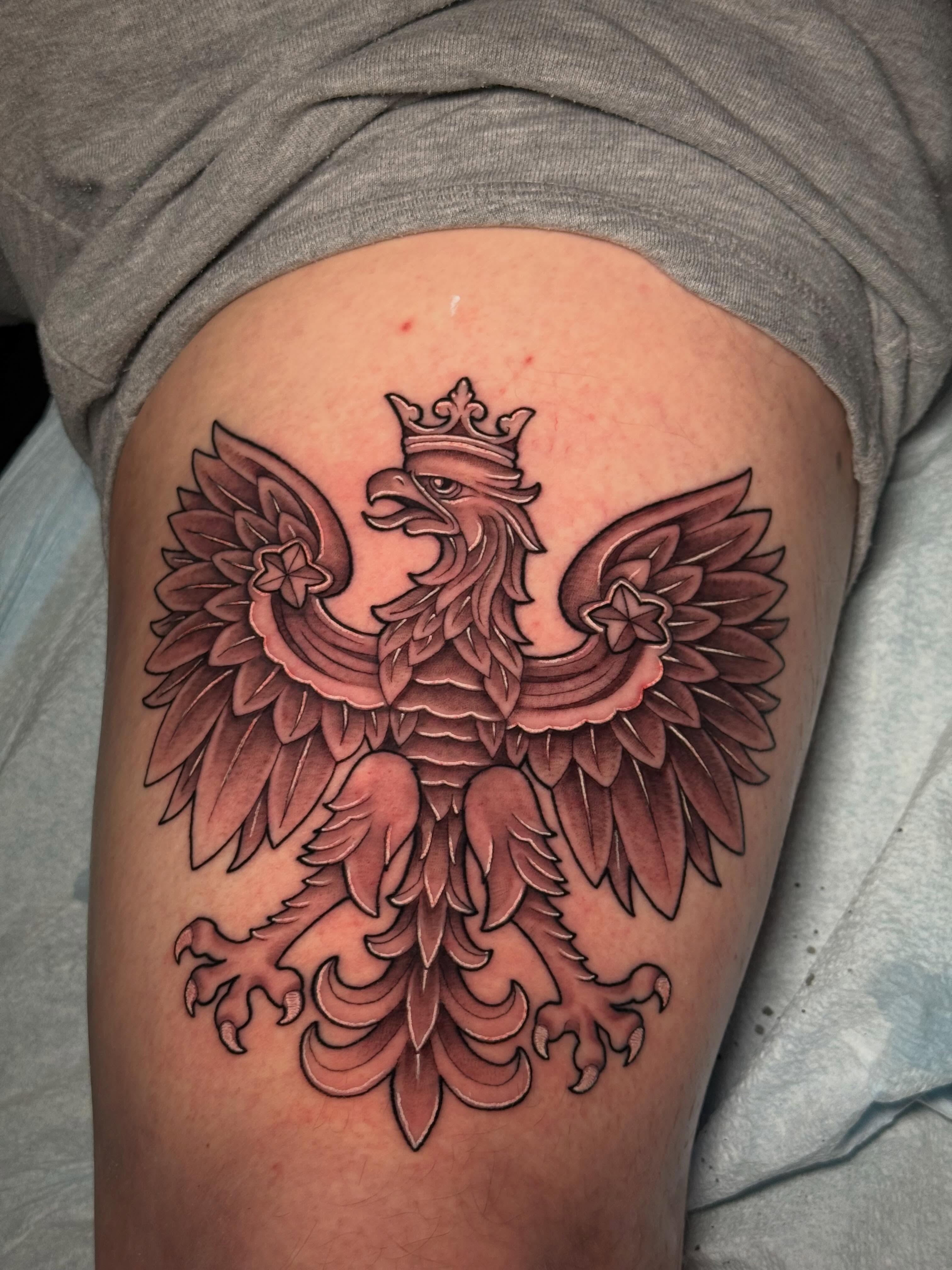 Eagle American traditional tattoo on the thigh by Andreanna Rosemarie Gabranidis, Pennsauken, New Jersey