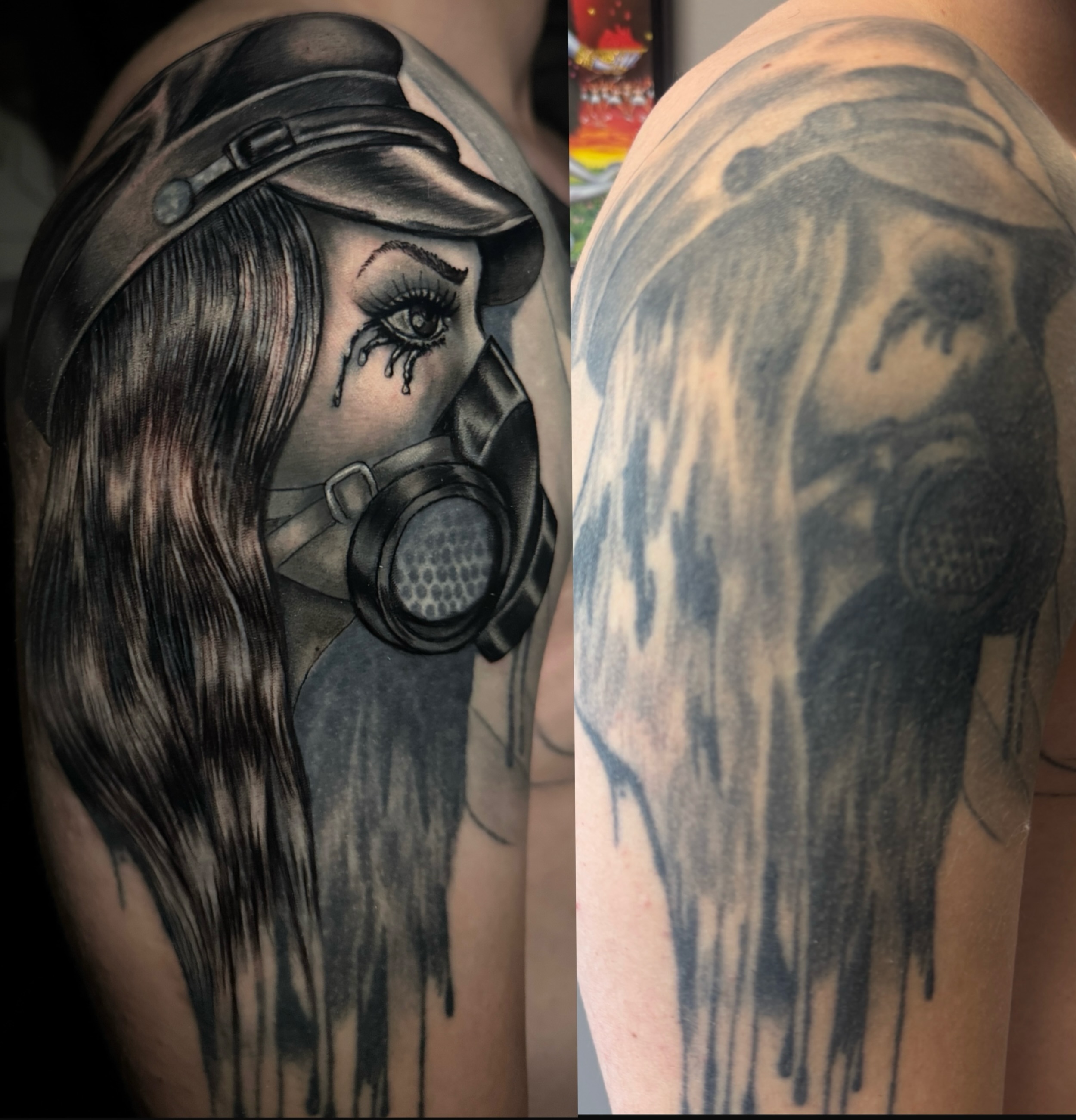 Woman wearing gas mask realism tattoo on the shoulder by @mexcellent_tattoos