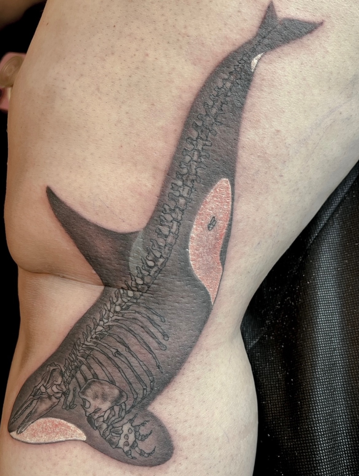 Whale skeleton realism tattoo on the thigh by Janelle Cuba