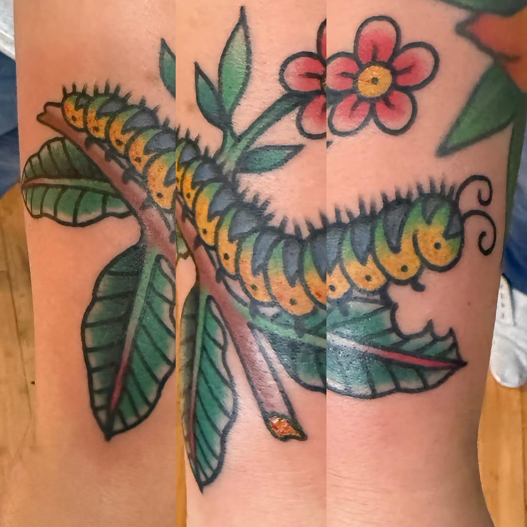 Caterpillar and flower American traditional tattoo on the forearm by Tony Beuke