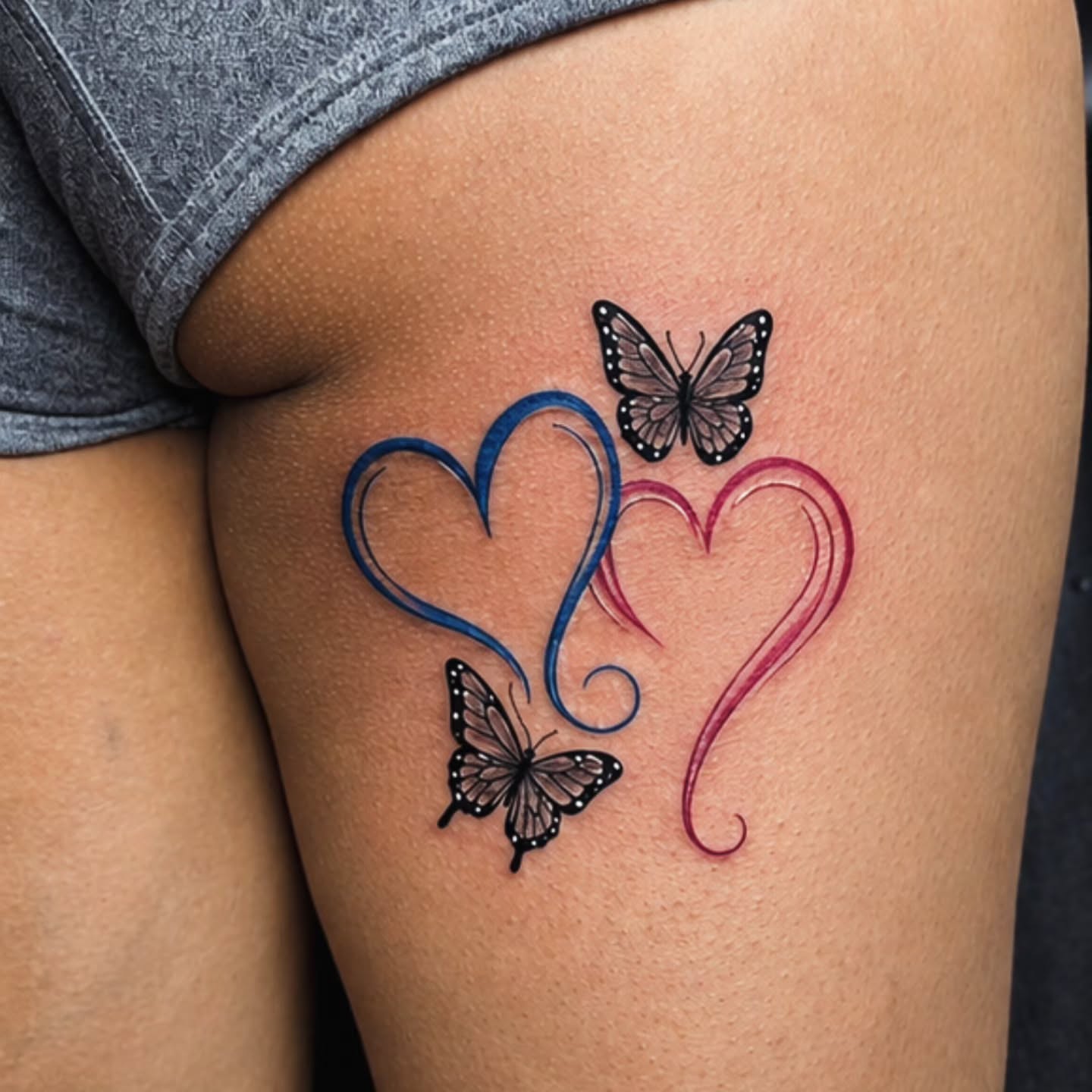 Hearts and butterflies new school tattoo on the thigh by Kai_Tattoo