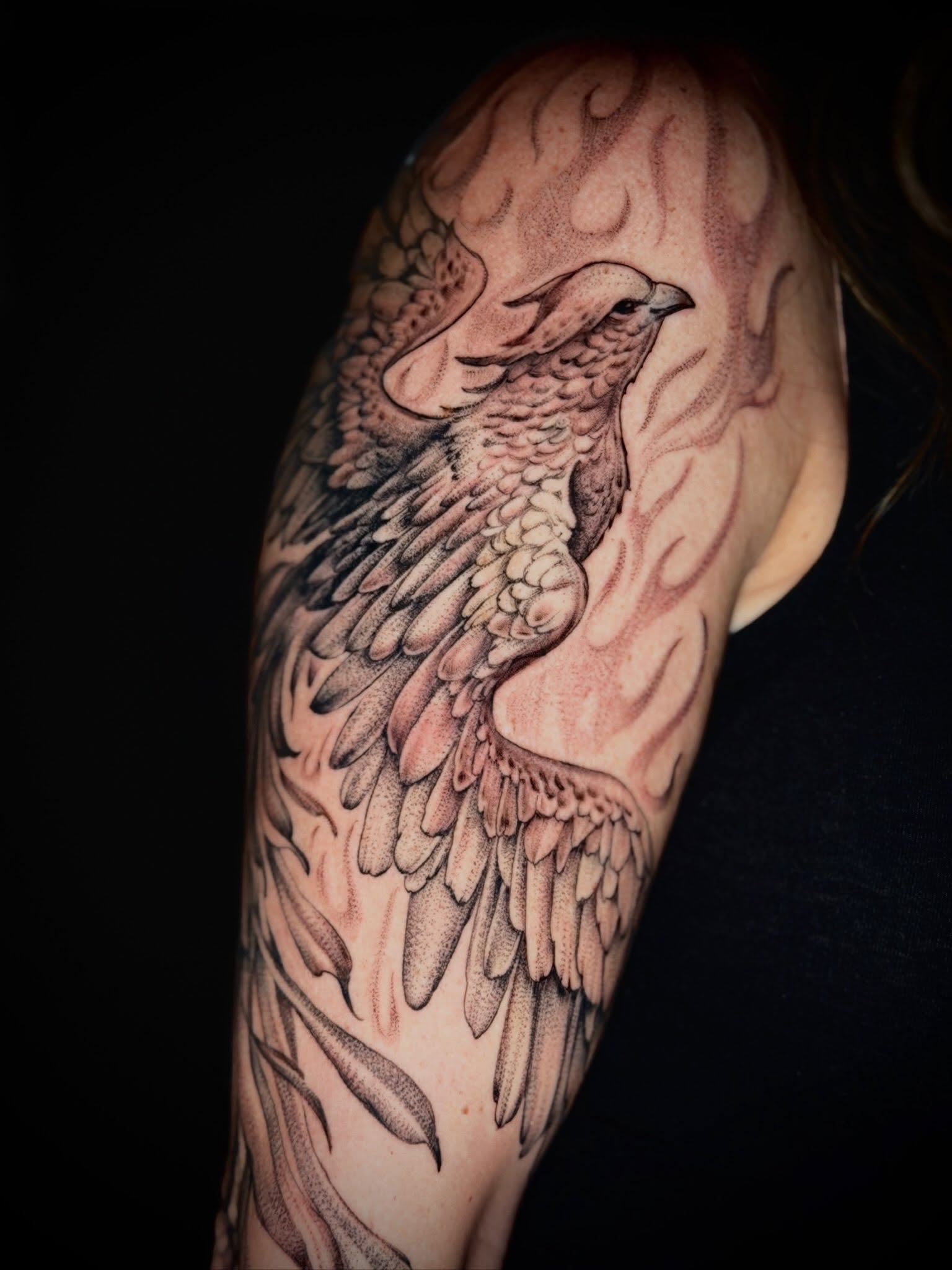 Bird dotwork tattoo on the shoulder by Giovanna Kline