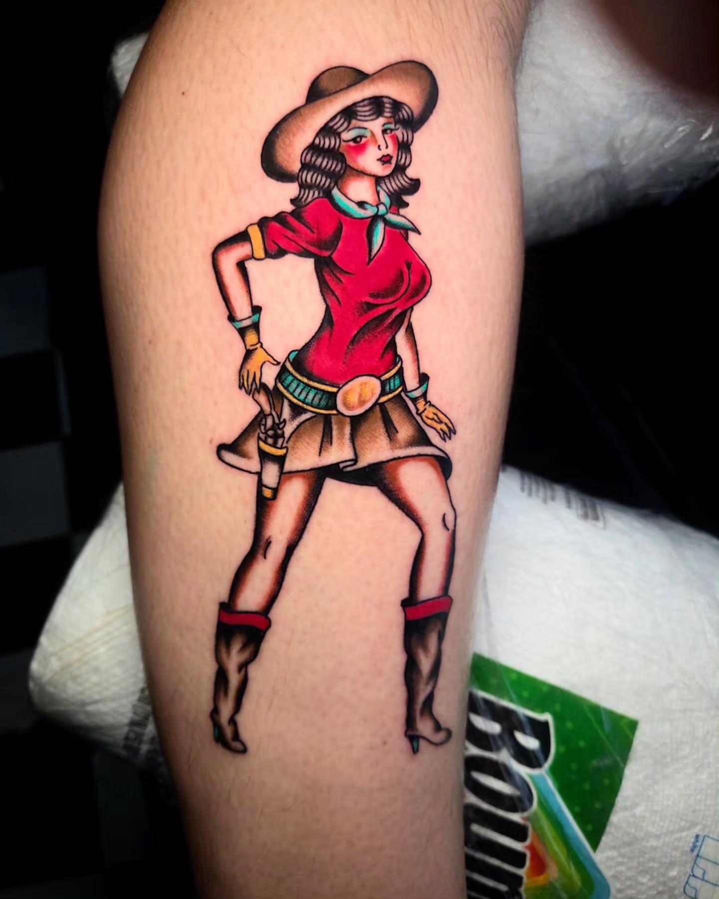 Cowgirl American traditional tattoo on the thigh by CASEY JENSEN ✨ Fort Collins CO