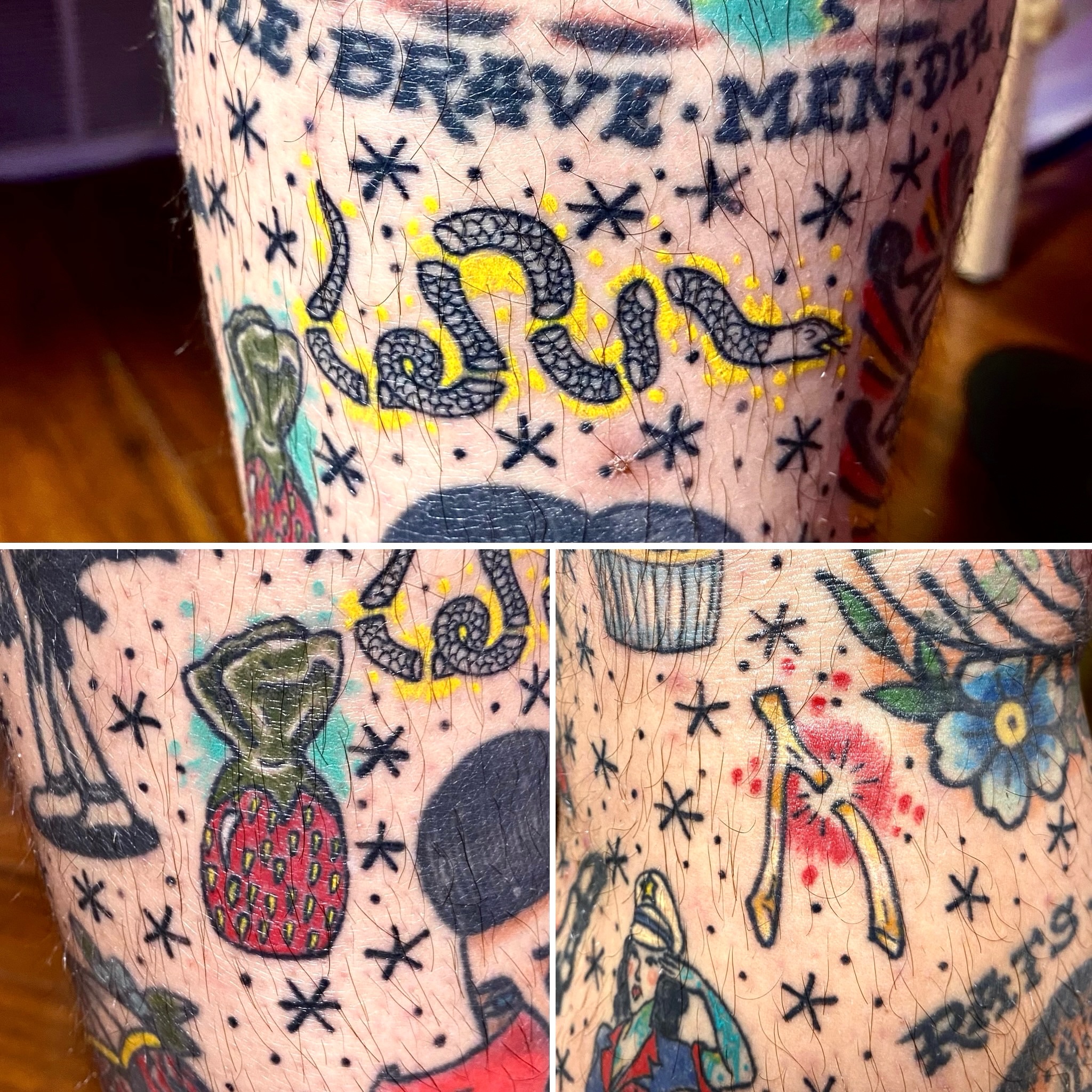 Tattoo collage American traditional tattoo on the forearm by Sheila Asbury 💲