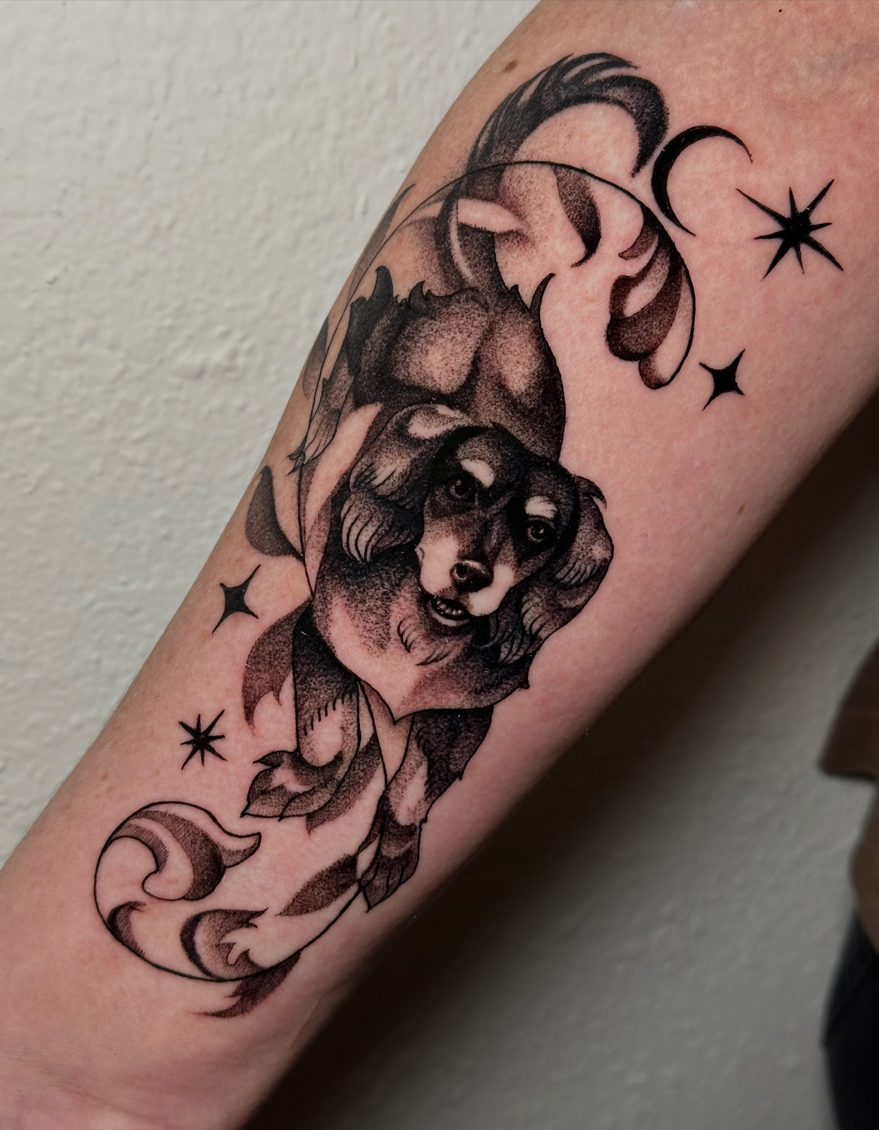 Dog dotwork tattoo on the forearm by Liz McDonald