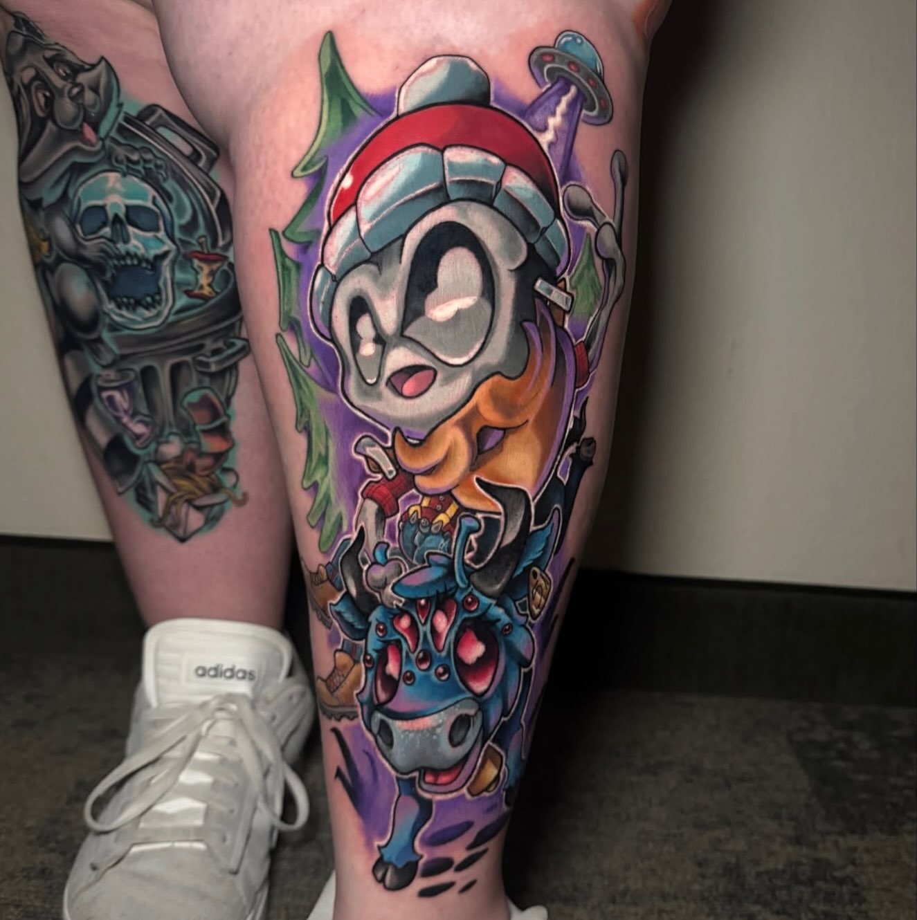 Donald Duck American traditional tattoo on the calf by Tyler Jewett