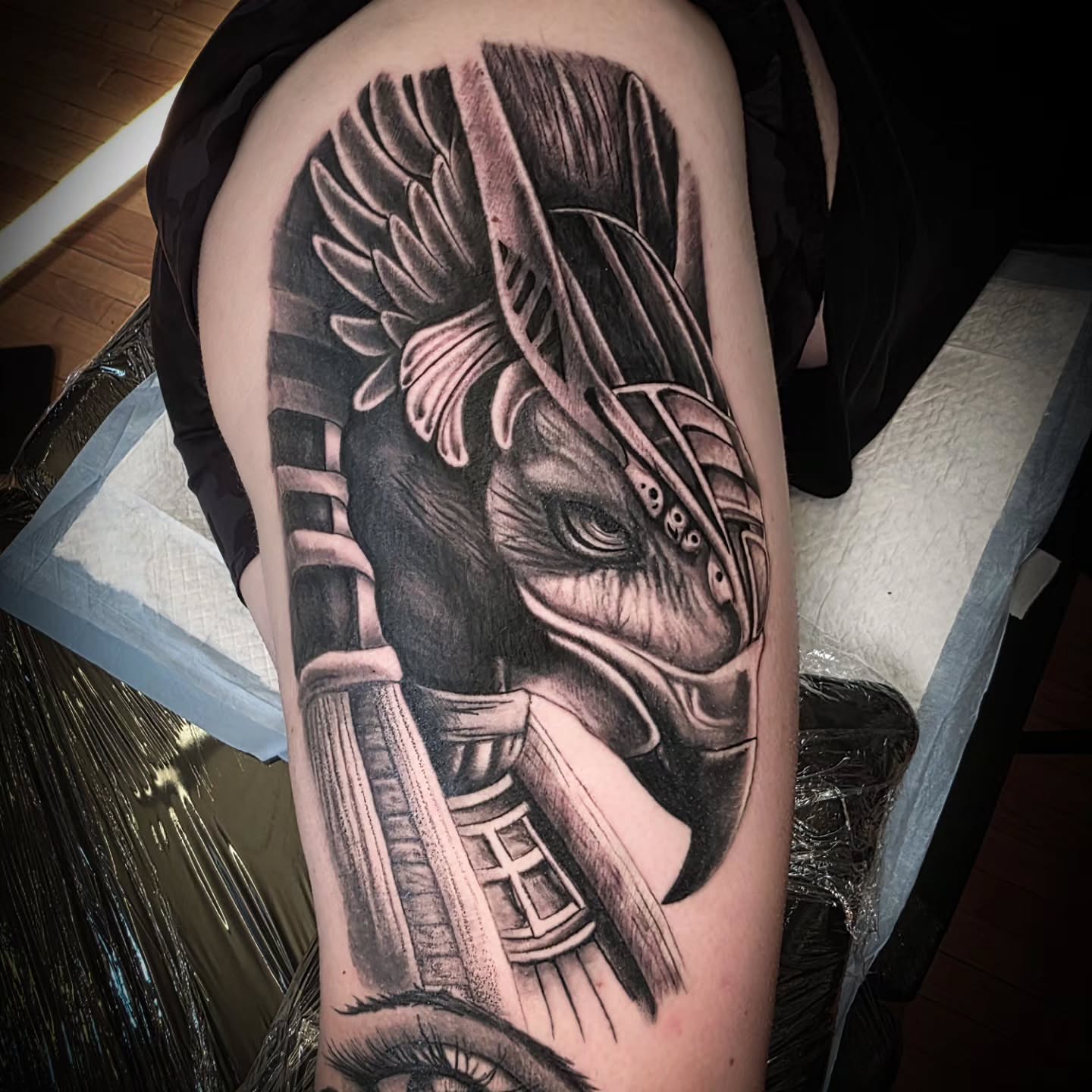 Warrior helmet realism tattoo on the thigh by John Christo Blake