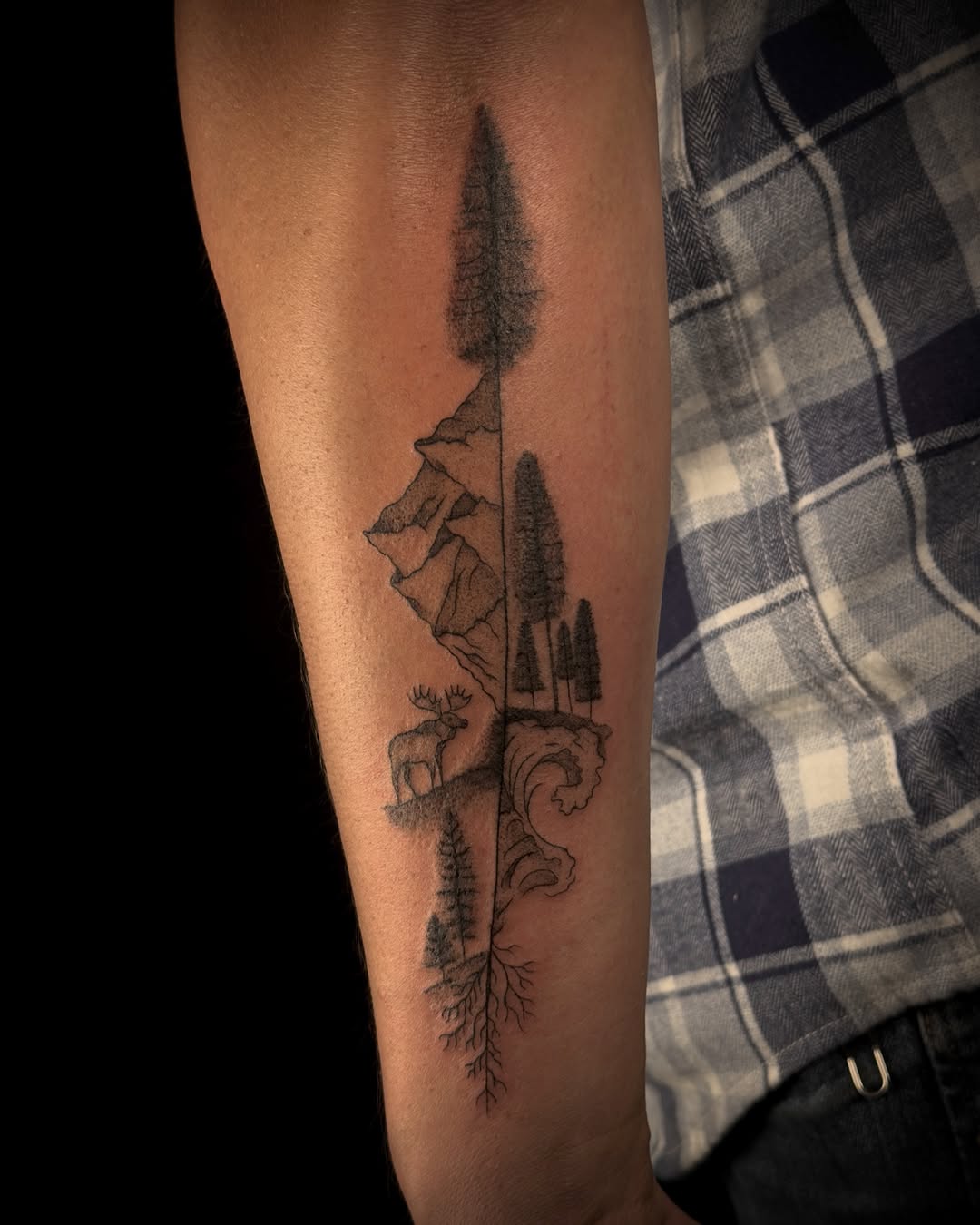 Mountain landscape black and grey tattoo on the forearm by ollie b ⋆⟡⋆, Dayton, Ohio