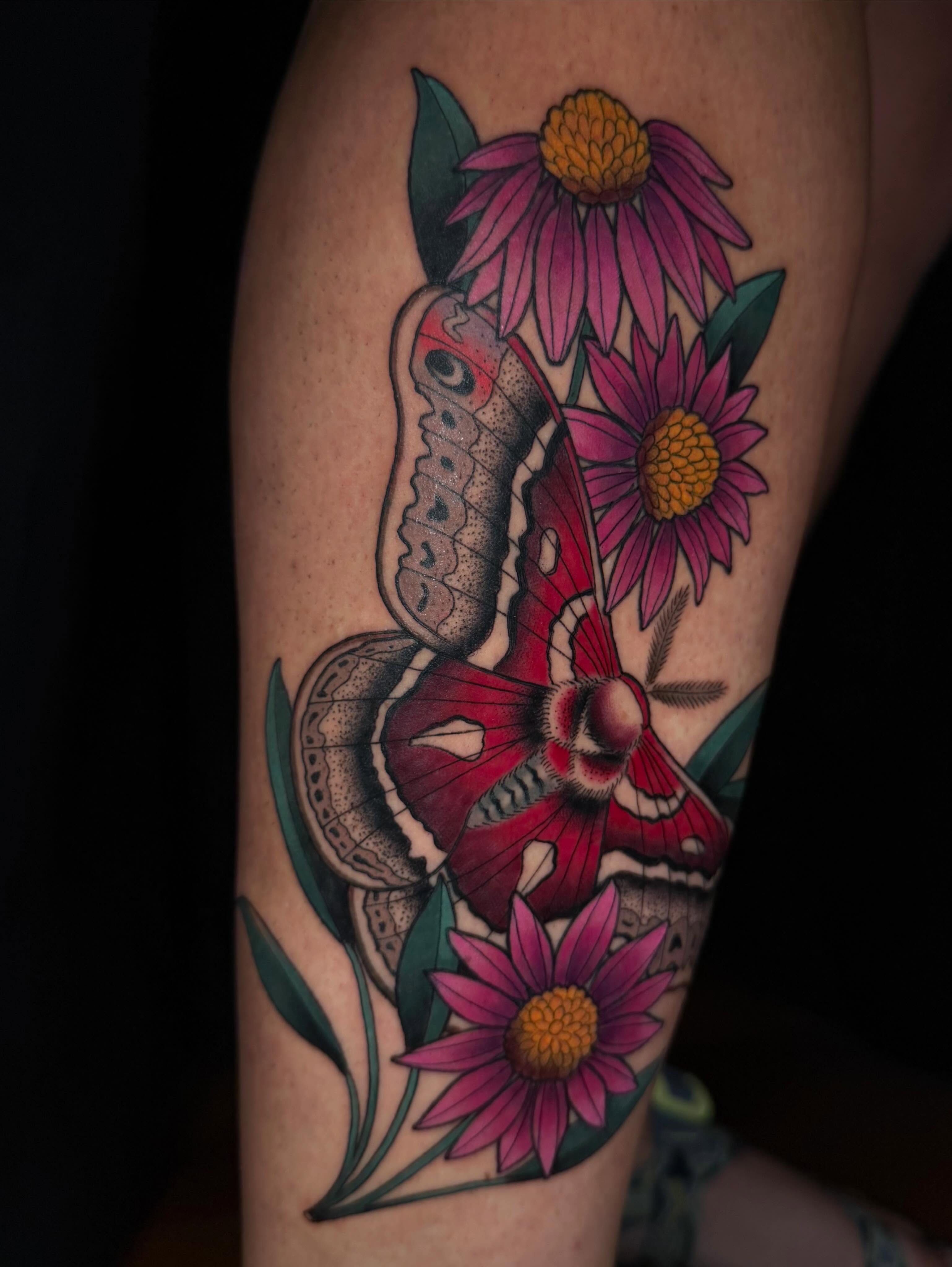 Butterfly and flowers American traditional tattoo on the forearm by ♥︎ ᴅᴇᴠ ʀᴇɴᴇᴇ ♥︎