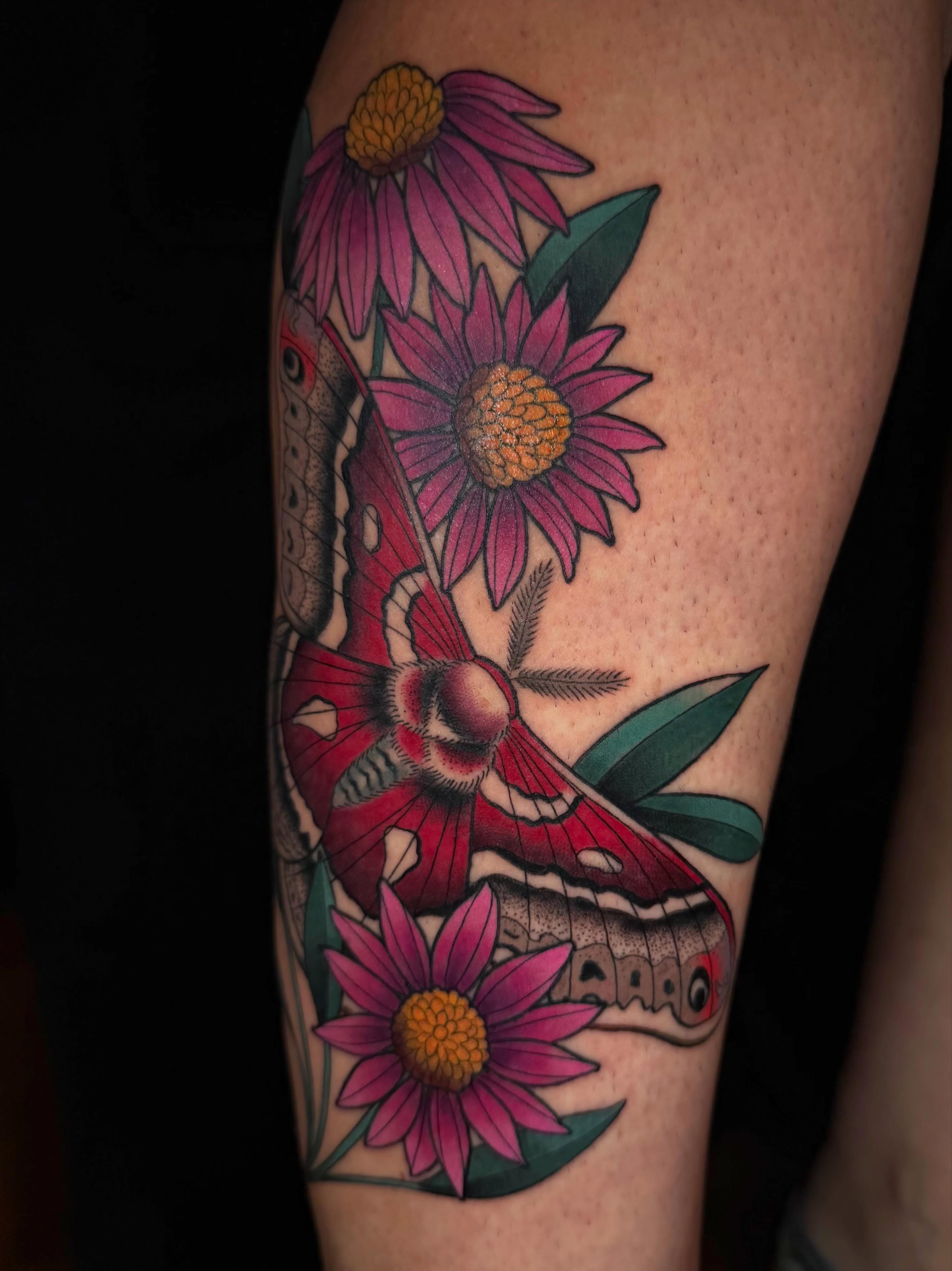 Butterfly and flowers American traditional tattoo on the forearm by ♥︎ ᴅᴇᴠ ʀᴇɴᴇᴇ ♥︎