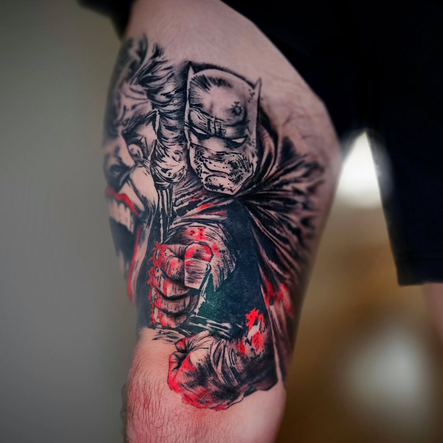 Batman dark realism tattoo on the thigh by Justin J-rust Smith