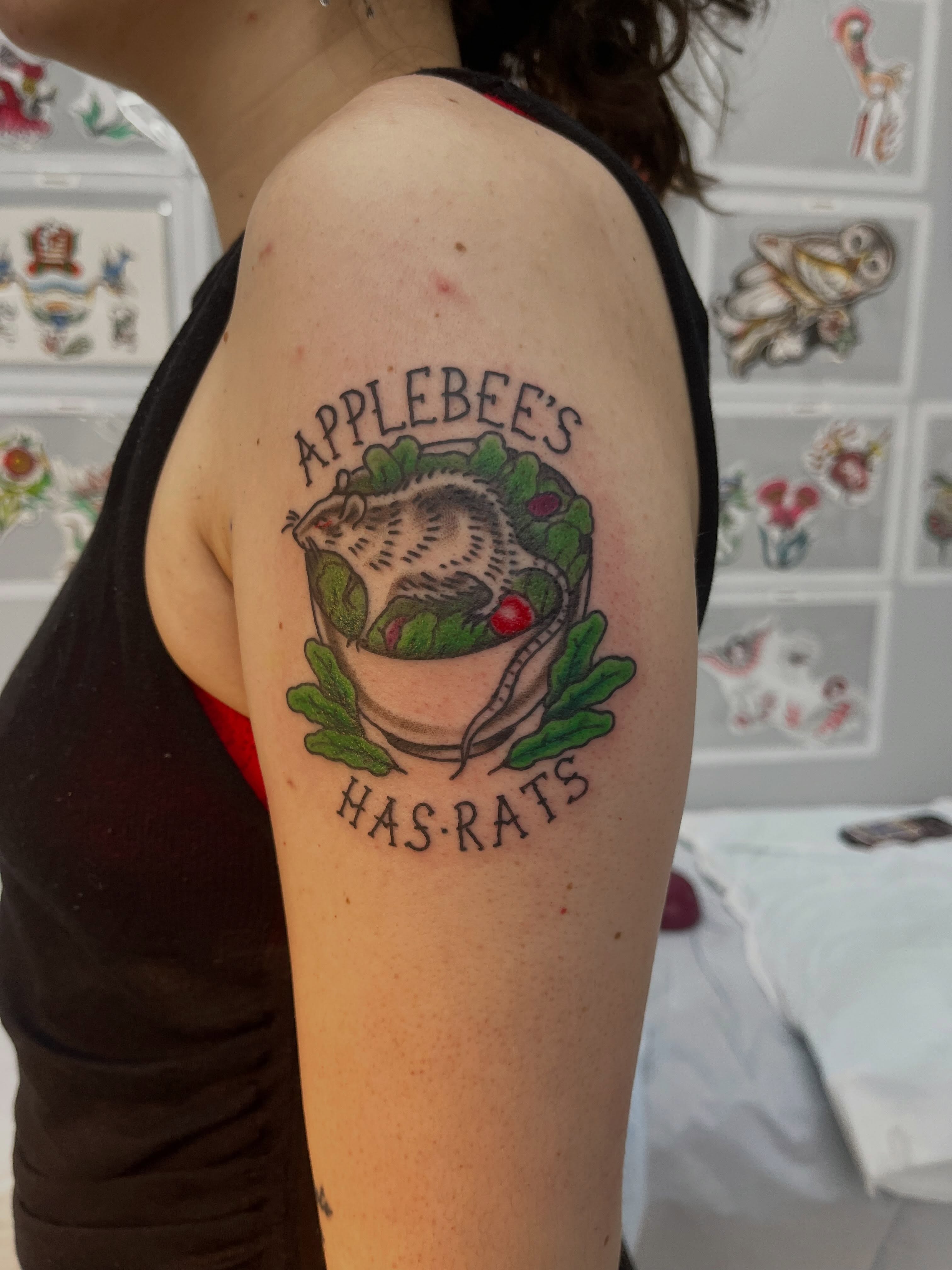 Rat in bowl American traditional tattoo on the shoulder by Sour Tattoo, Somerville, Massachusetts