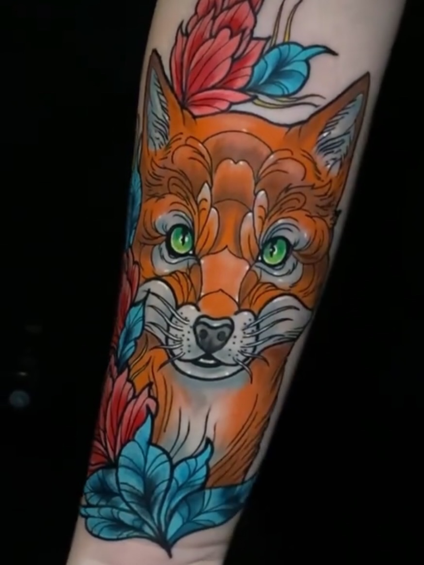 Fox American traditional tattoo on the forearm by Alex