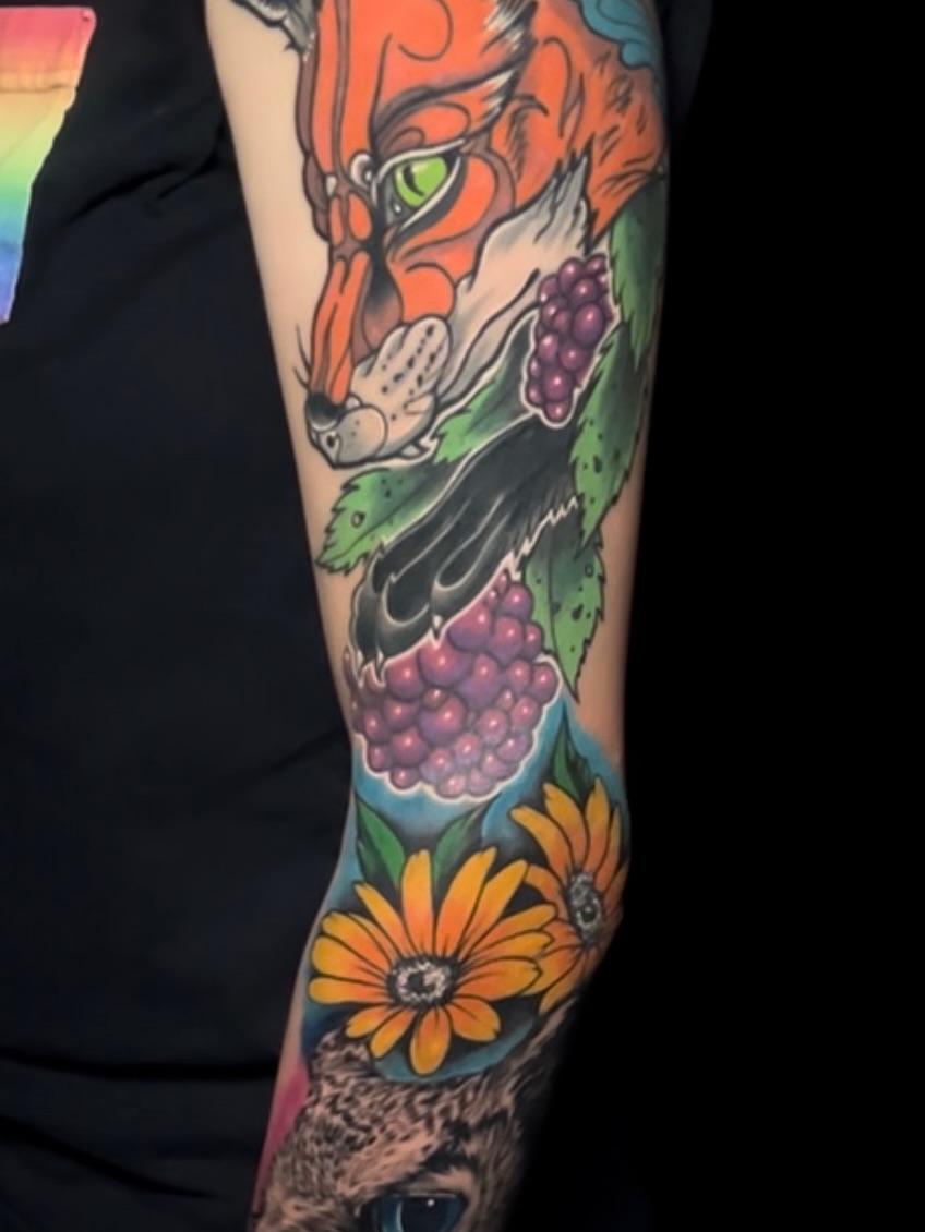 Fox and berries American traditional tattoo on the forearm by Alex