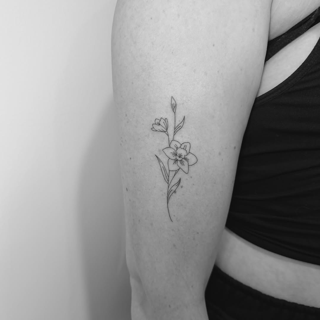Daffodil fine line tattoo on the forearm by Jessica, Cheektowaga, New York