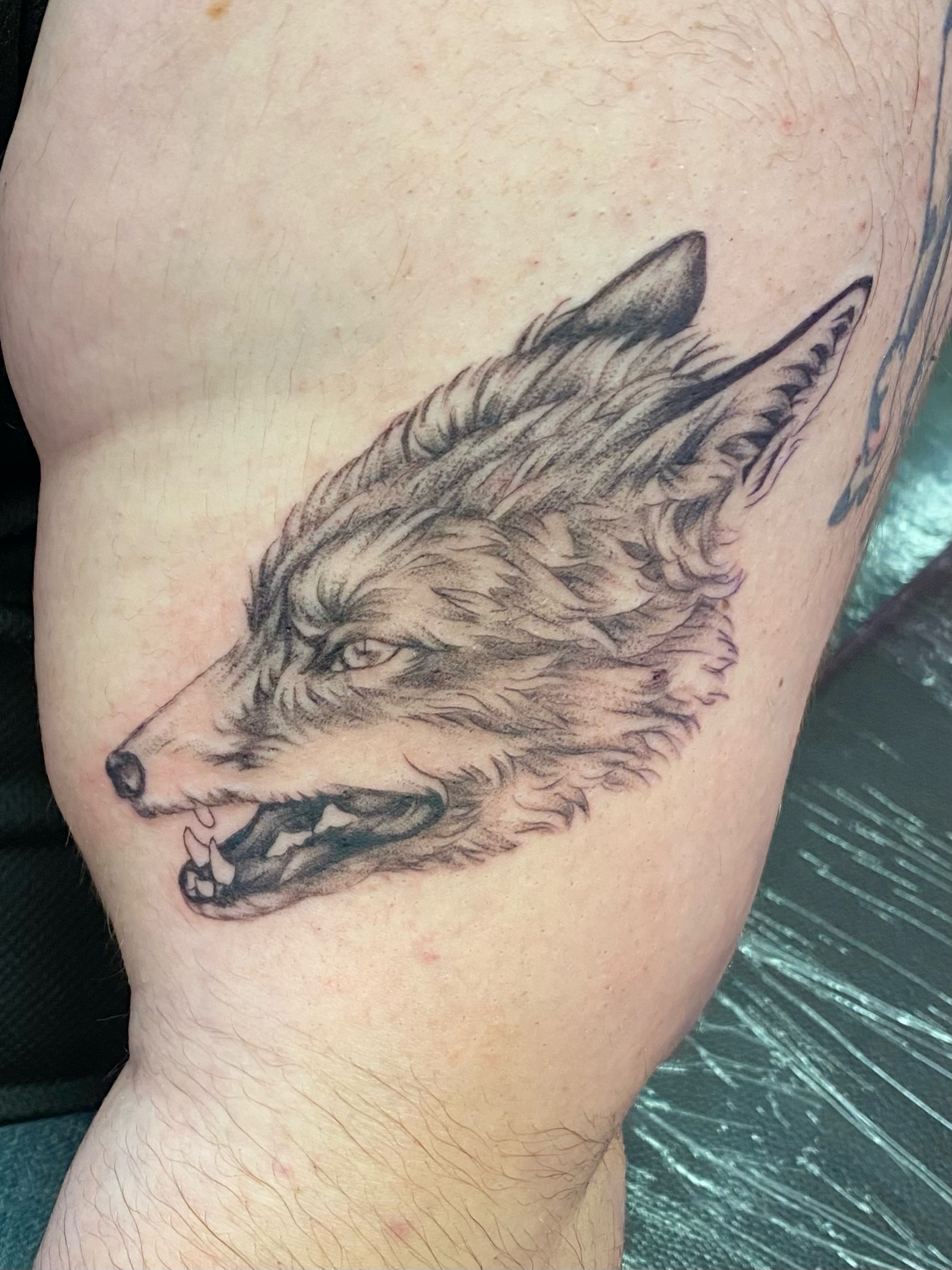 Wolf realism tattoo on the thigh by Mack ๐ Utah Tattoos