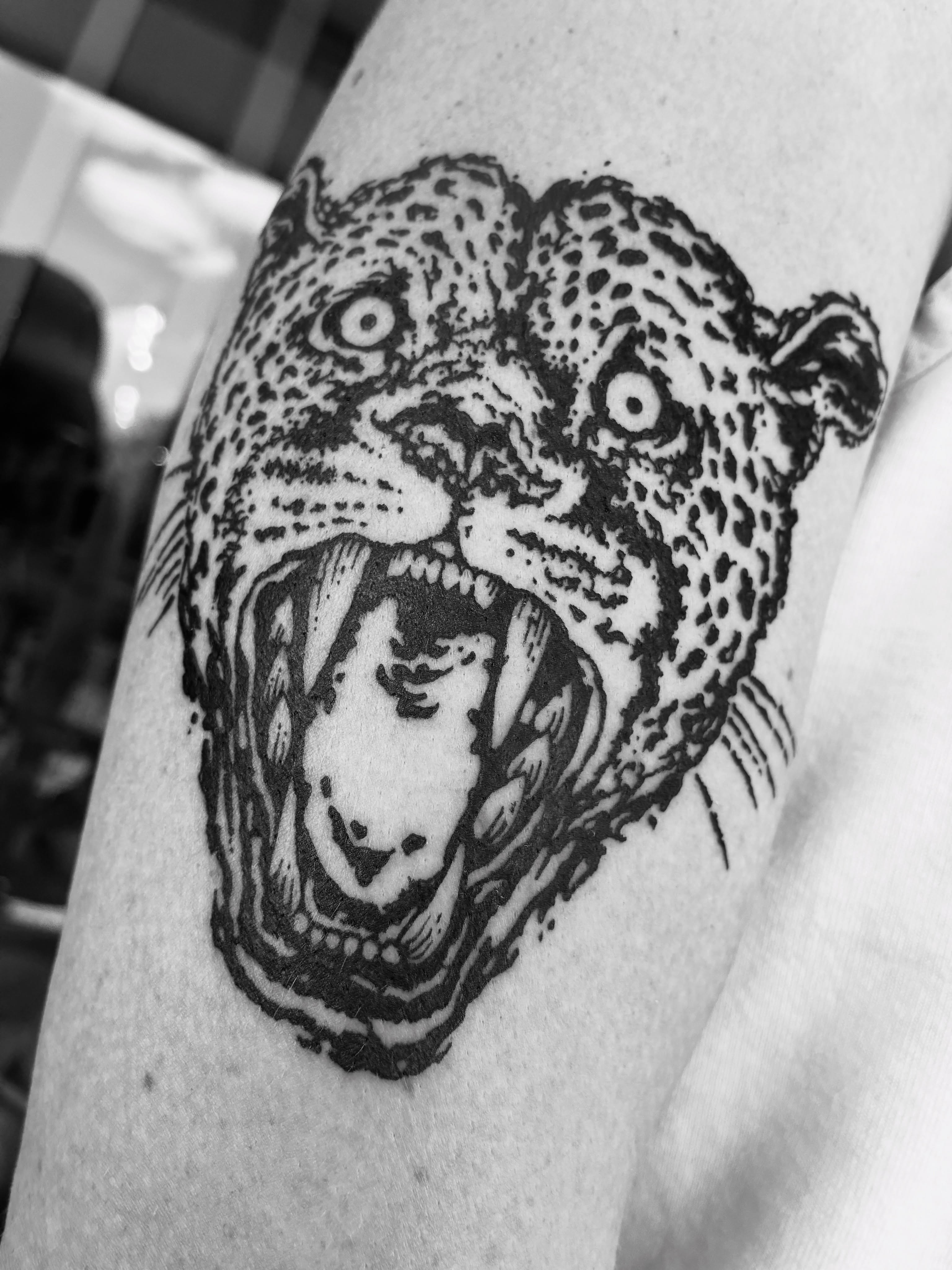 Leopard black and grey tattoo on the forearm by Zachary R Bobkoff