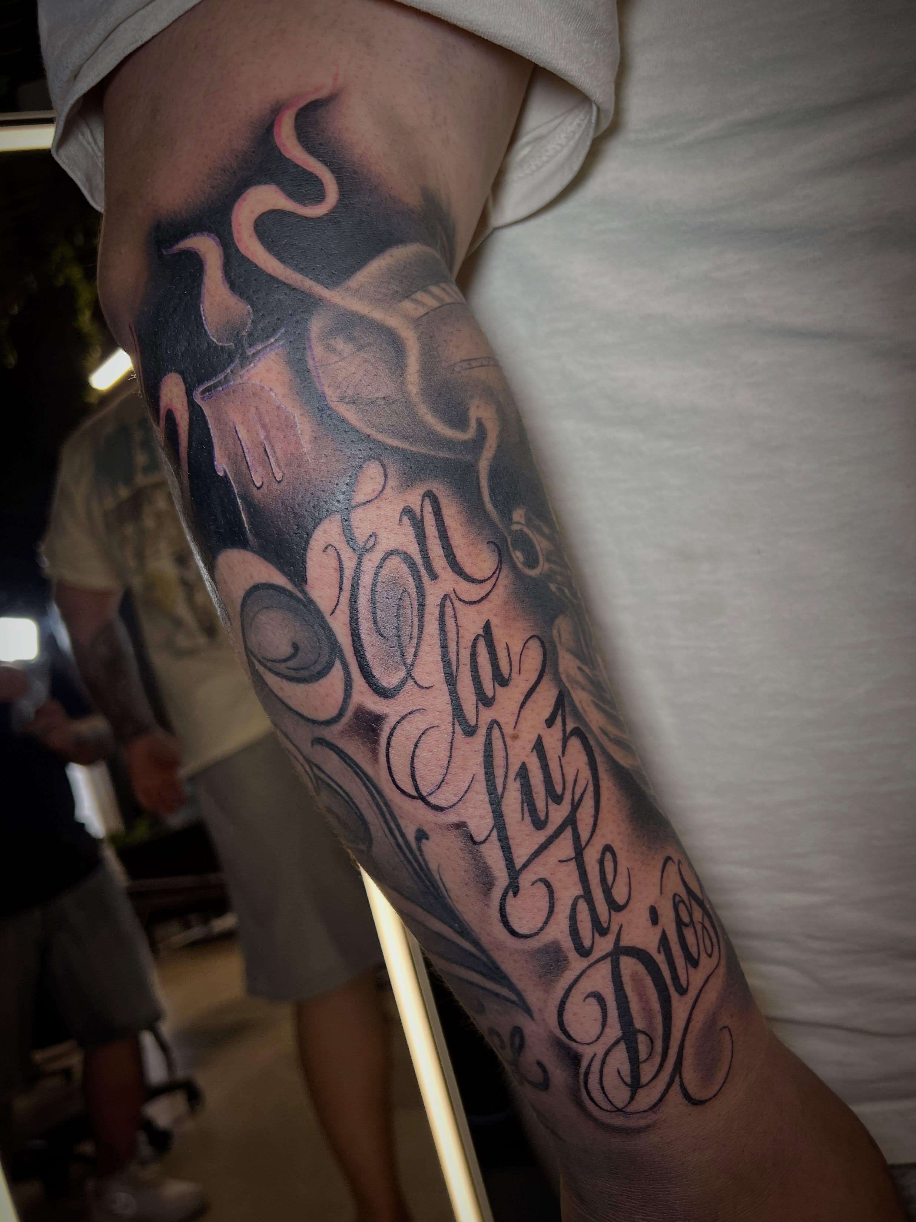Script lettering lettering script tattoo on the forearm by Dallas tx tattoo artist ✝️