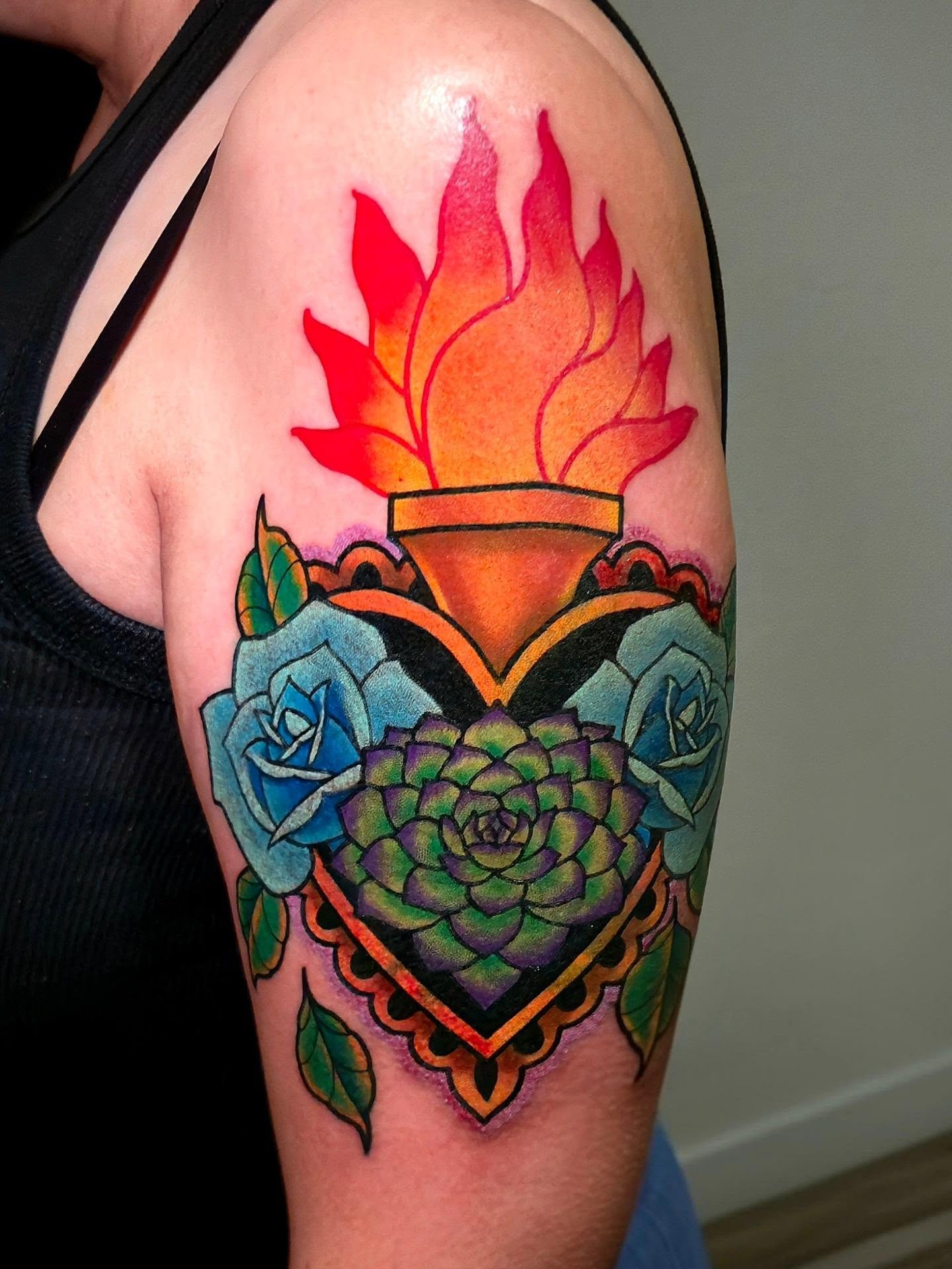 Flame and succulent new school tattoo on the upper arm by Joey Vinci, Phoenix, Arizona