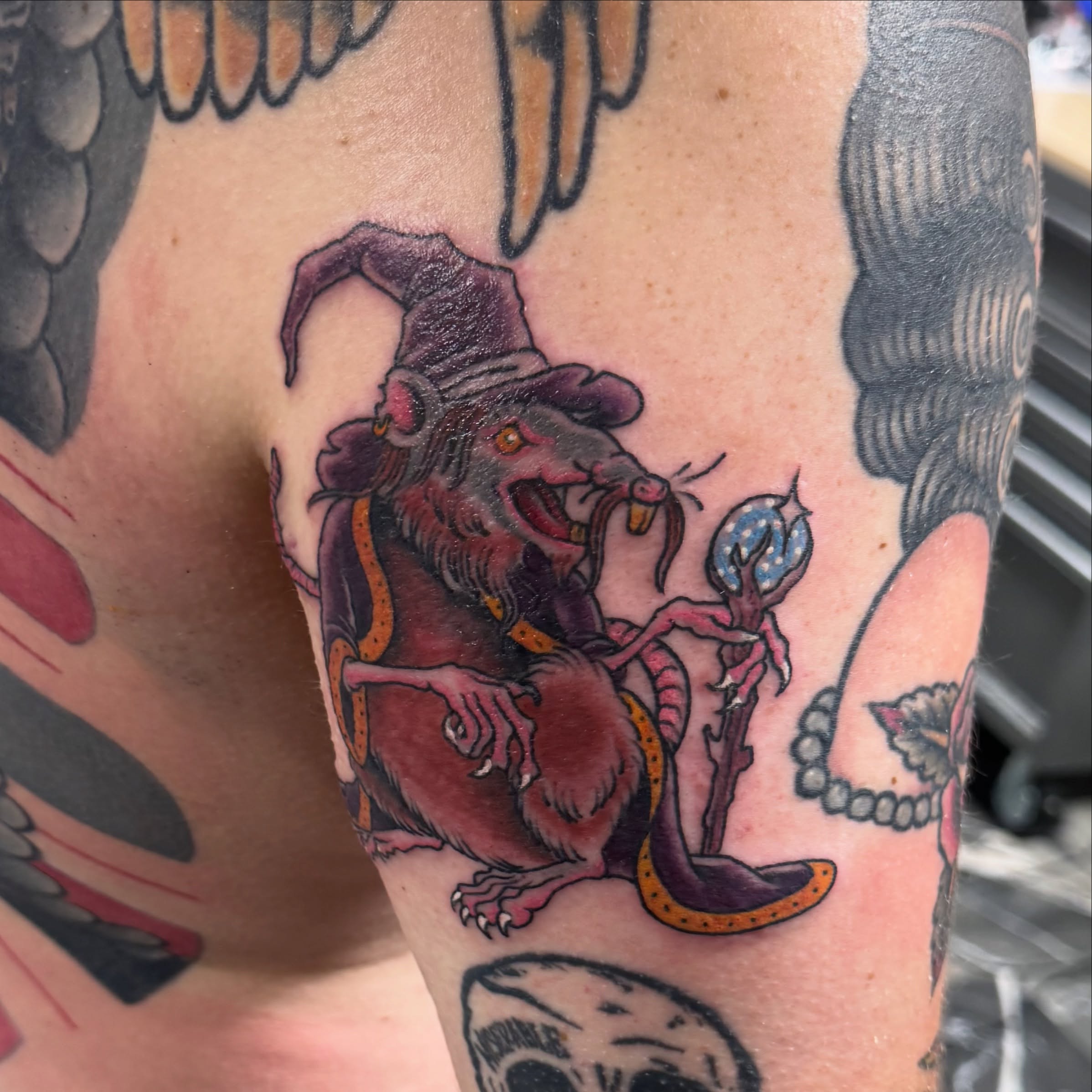 Rat wizard American traditional tattoo on the forearm by Jaxson Eugene Brady-Hobart