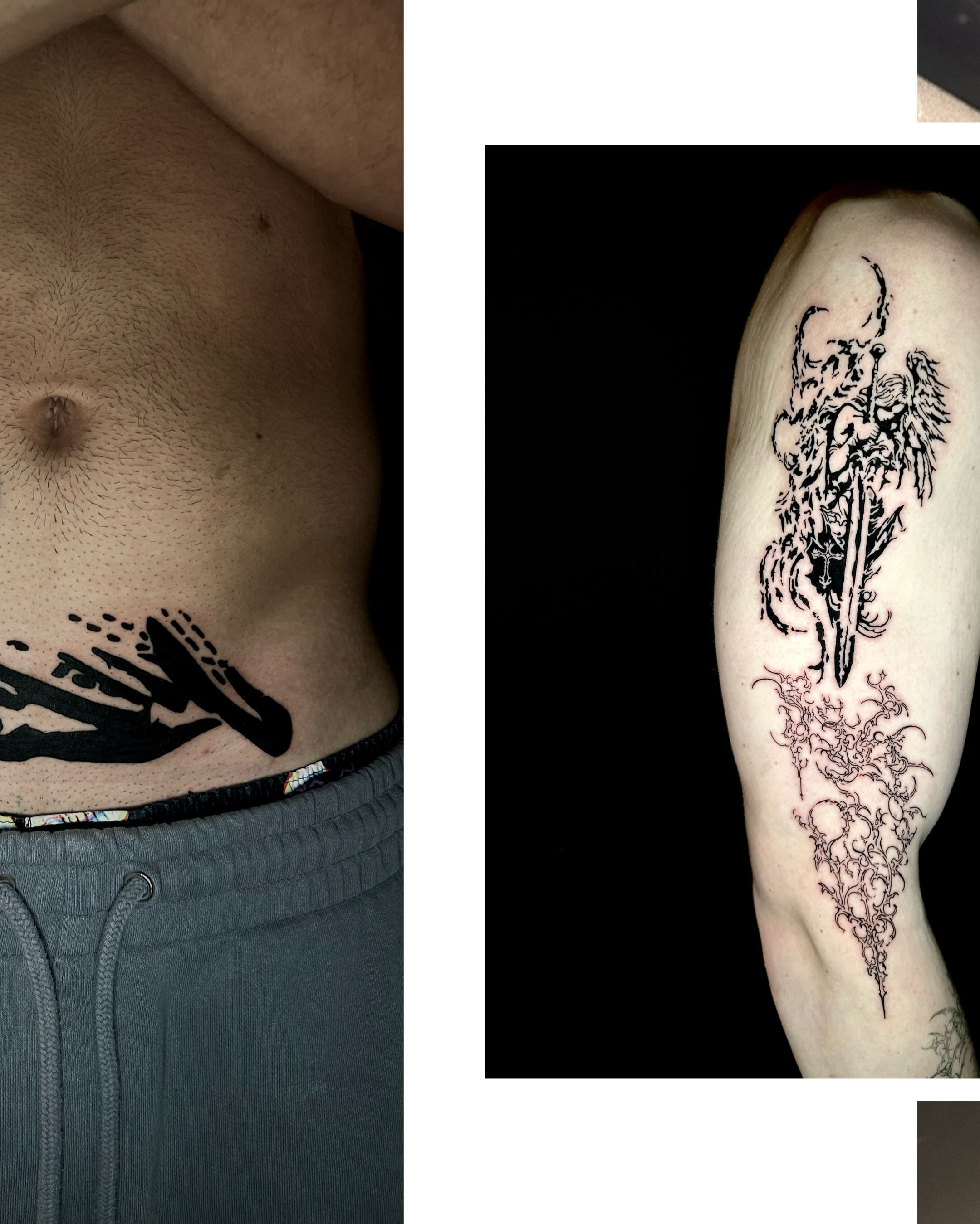Abstract design black and grey tattoo on the thigh by KB