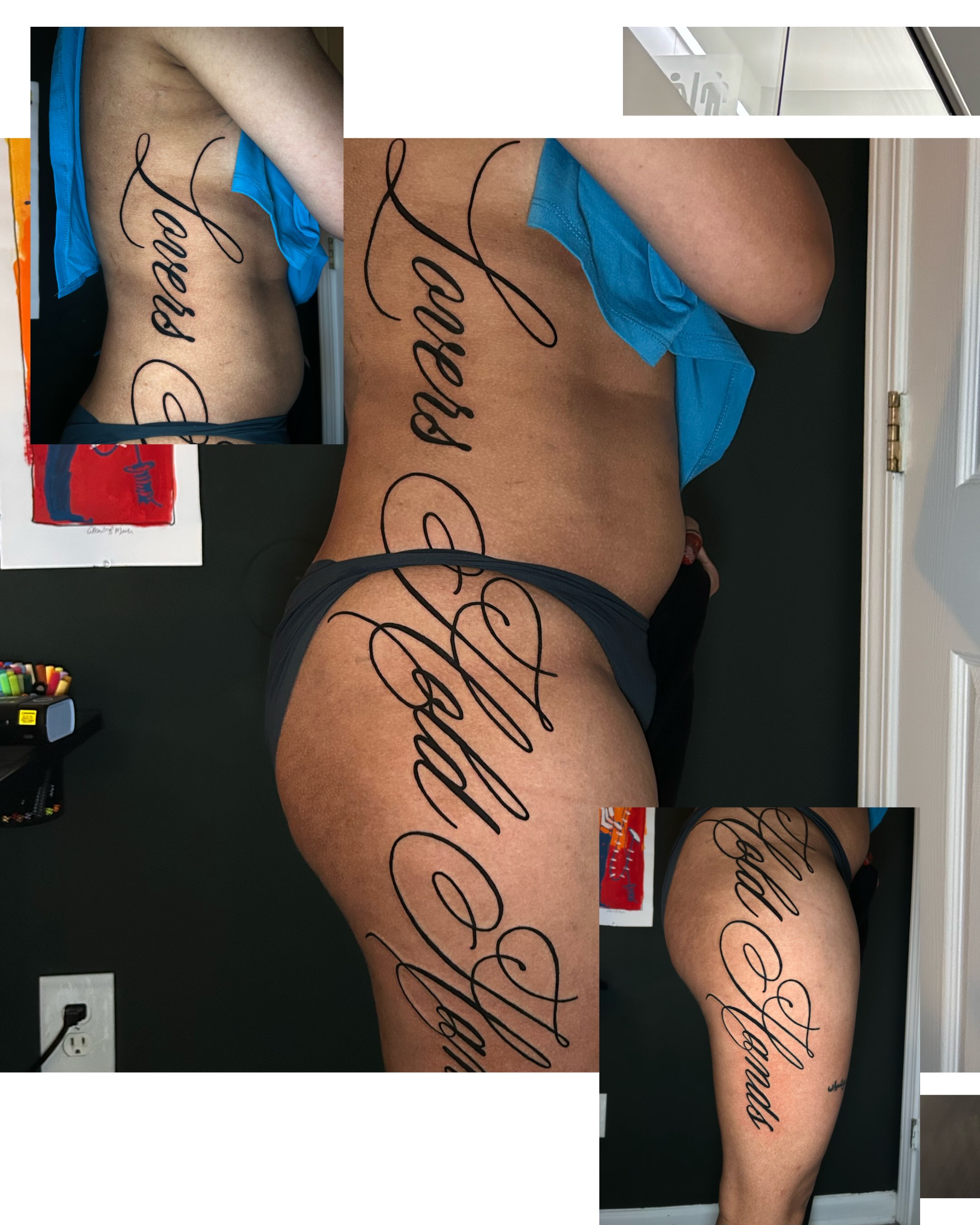 Script lettering lettering script tattoo on the thigh by KB