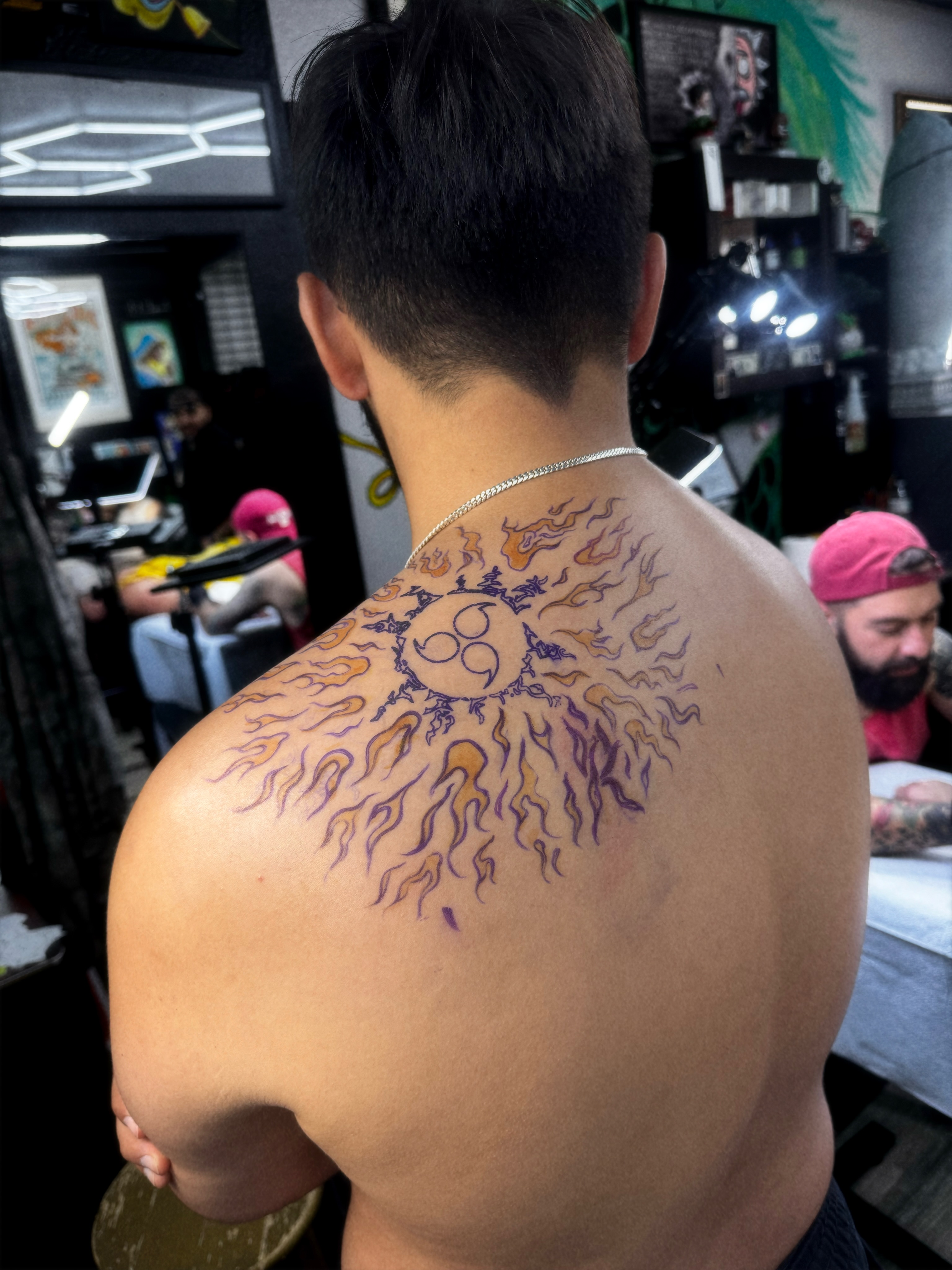 Sun with flames new school tattoo on the back by 🕸️EC🥷🏼🌁🇲🇽🕸️