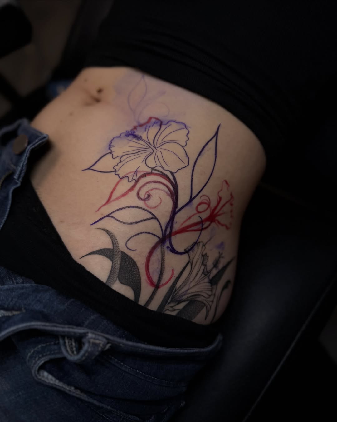 Floral design new school tattoo on the thigh by Carson Mccullers ✨