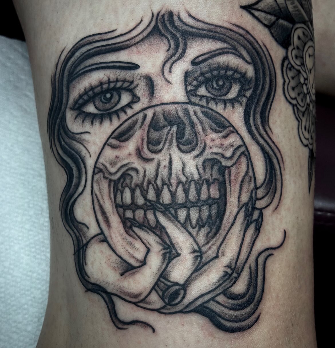 Tattoo by @snakedaggerose — american_traditional, black_and_grey