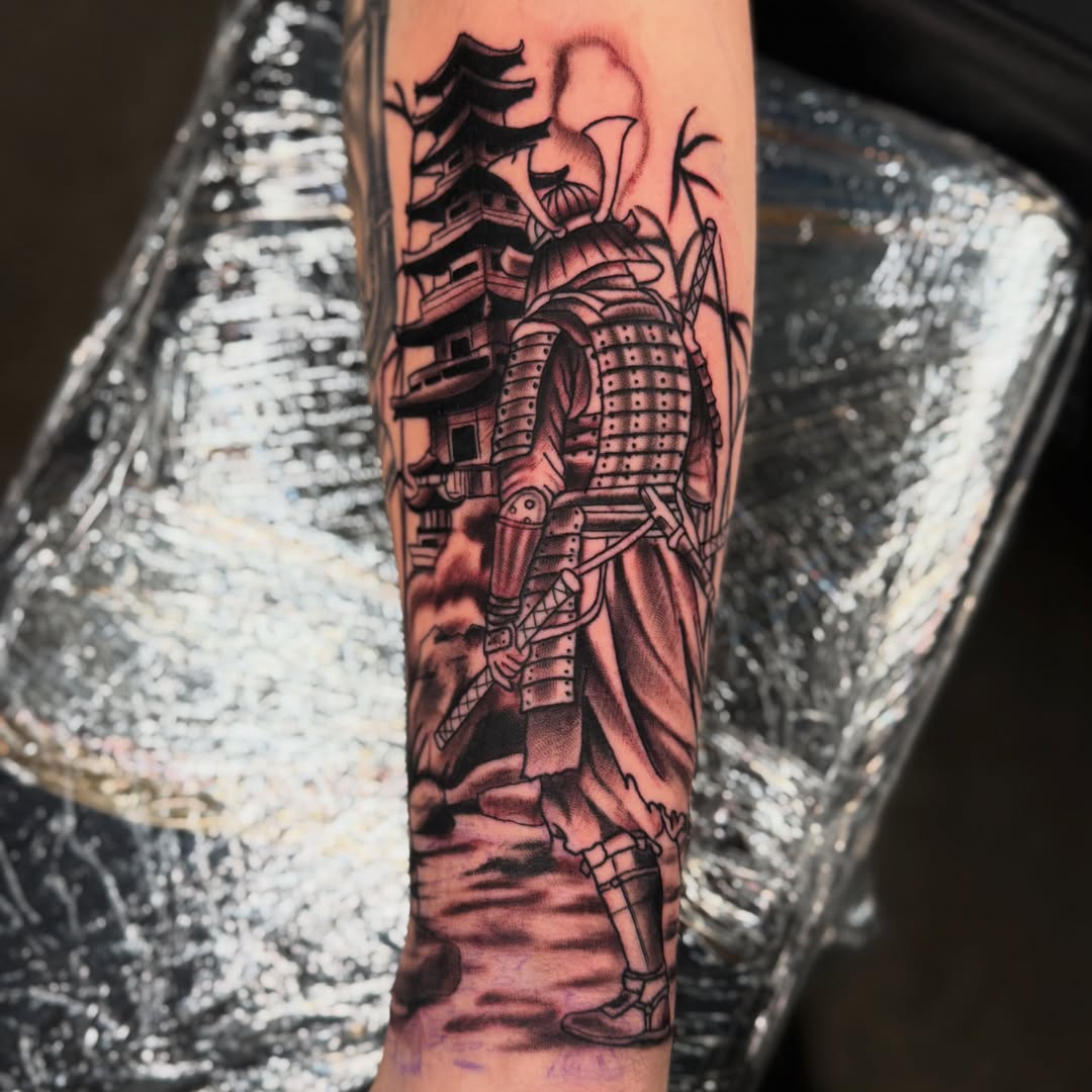 Samurai warrior realism tattoo on the forearm by Tevin Thomas