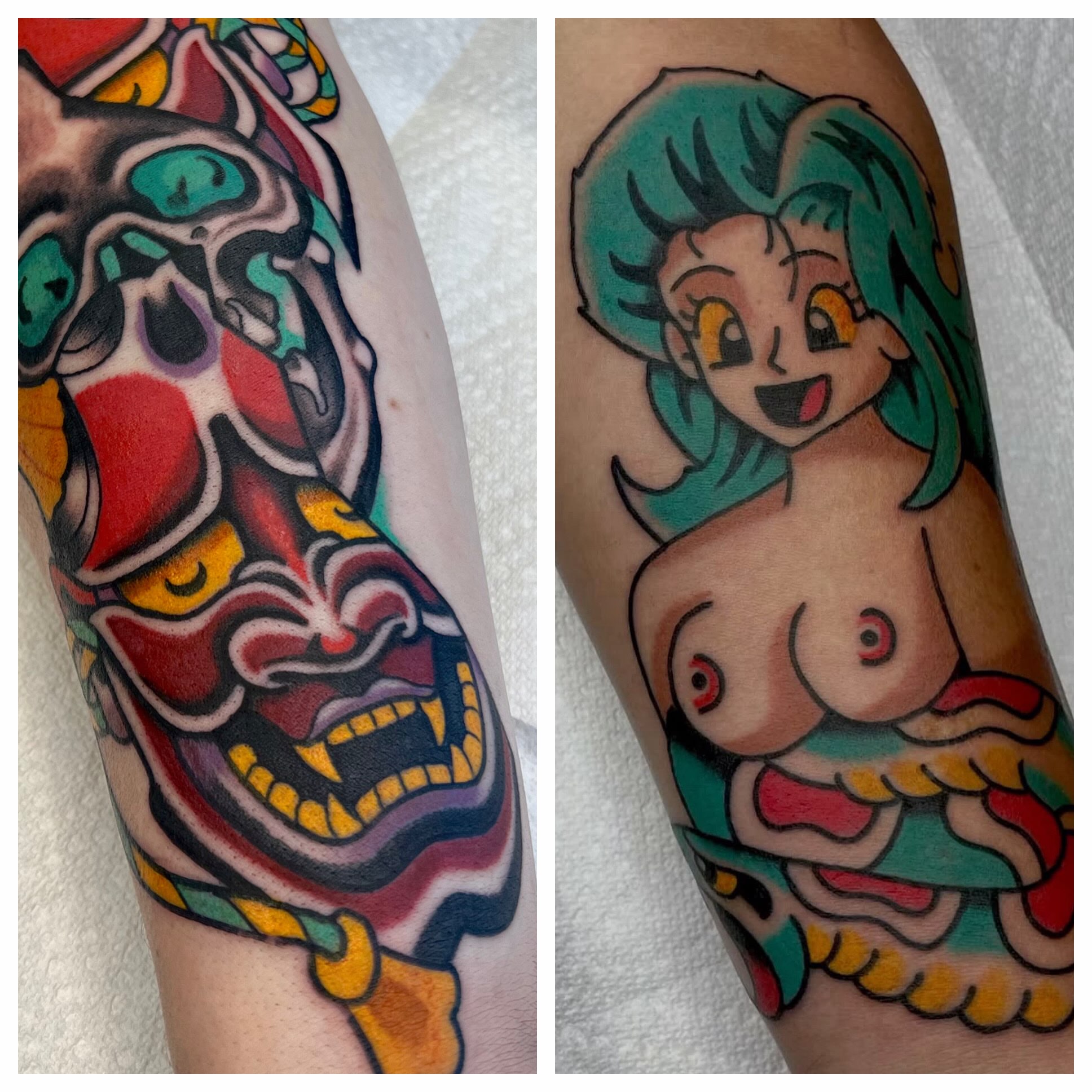 Mask and mermaid American traditional tattoo on the forearm by Brandon McDaniel Iowa Tattoo Artist