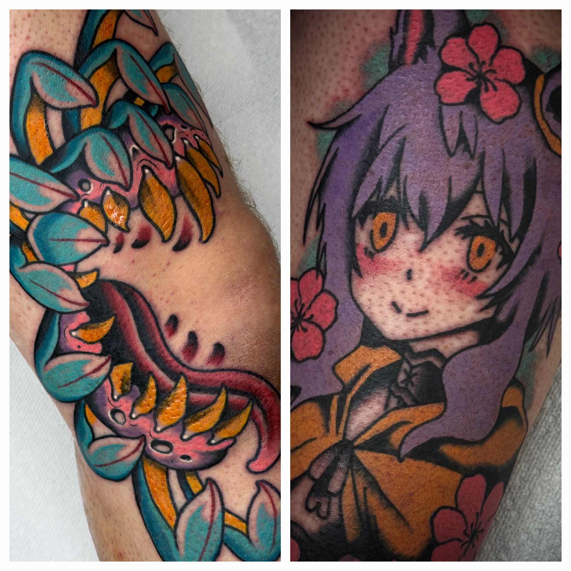 Anime character with floral motifs anime tattoo on the forearm by Brandon McDaniel Iowa Tattoo Artist
