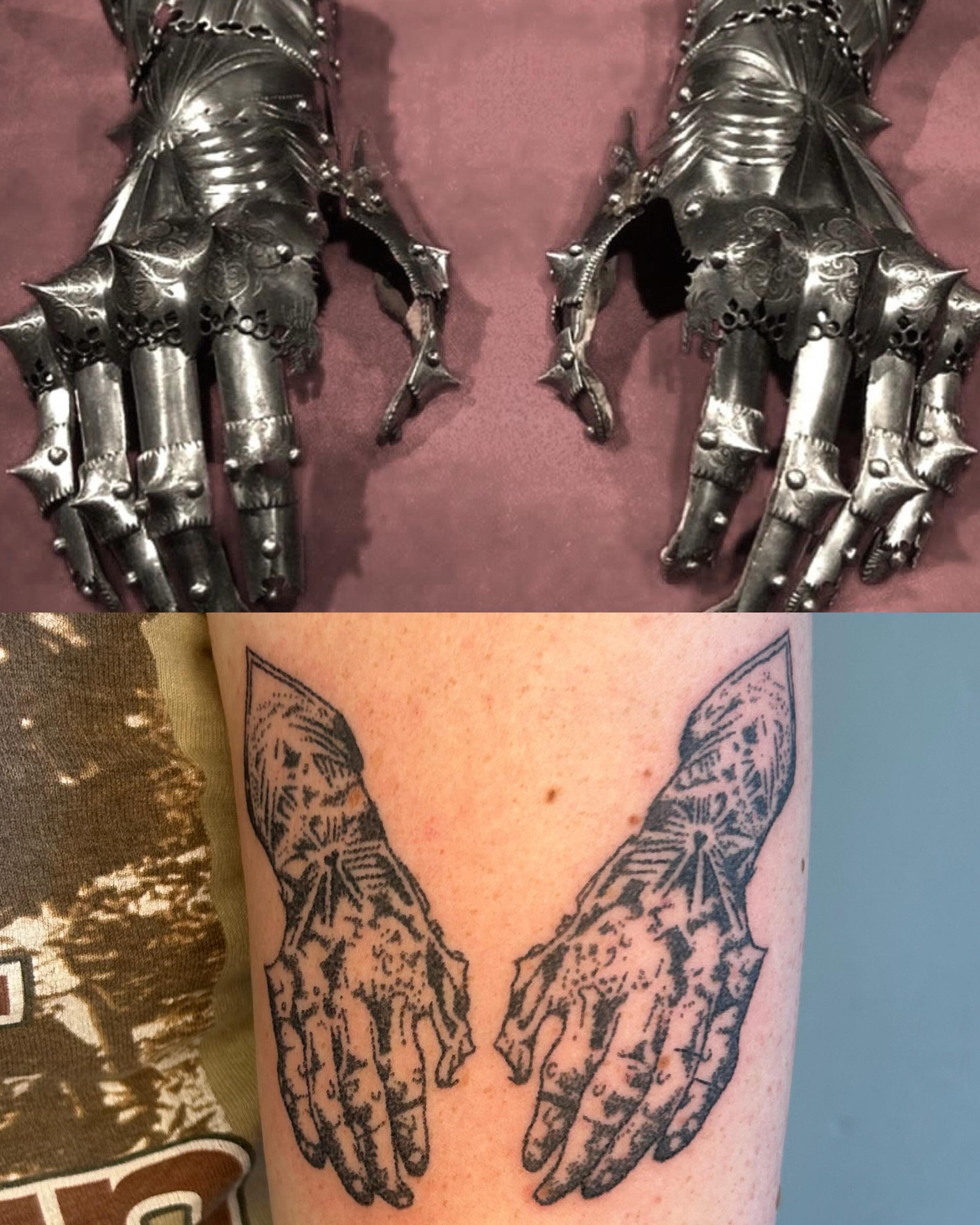Metallic gauntlets black and grey tattoo on the forearm by ˙⋆✮⋆˙‧₊˚✧ sophie ✧˚₊‧˙⋆✮⋆˙