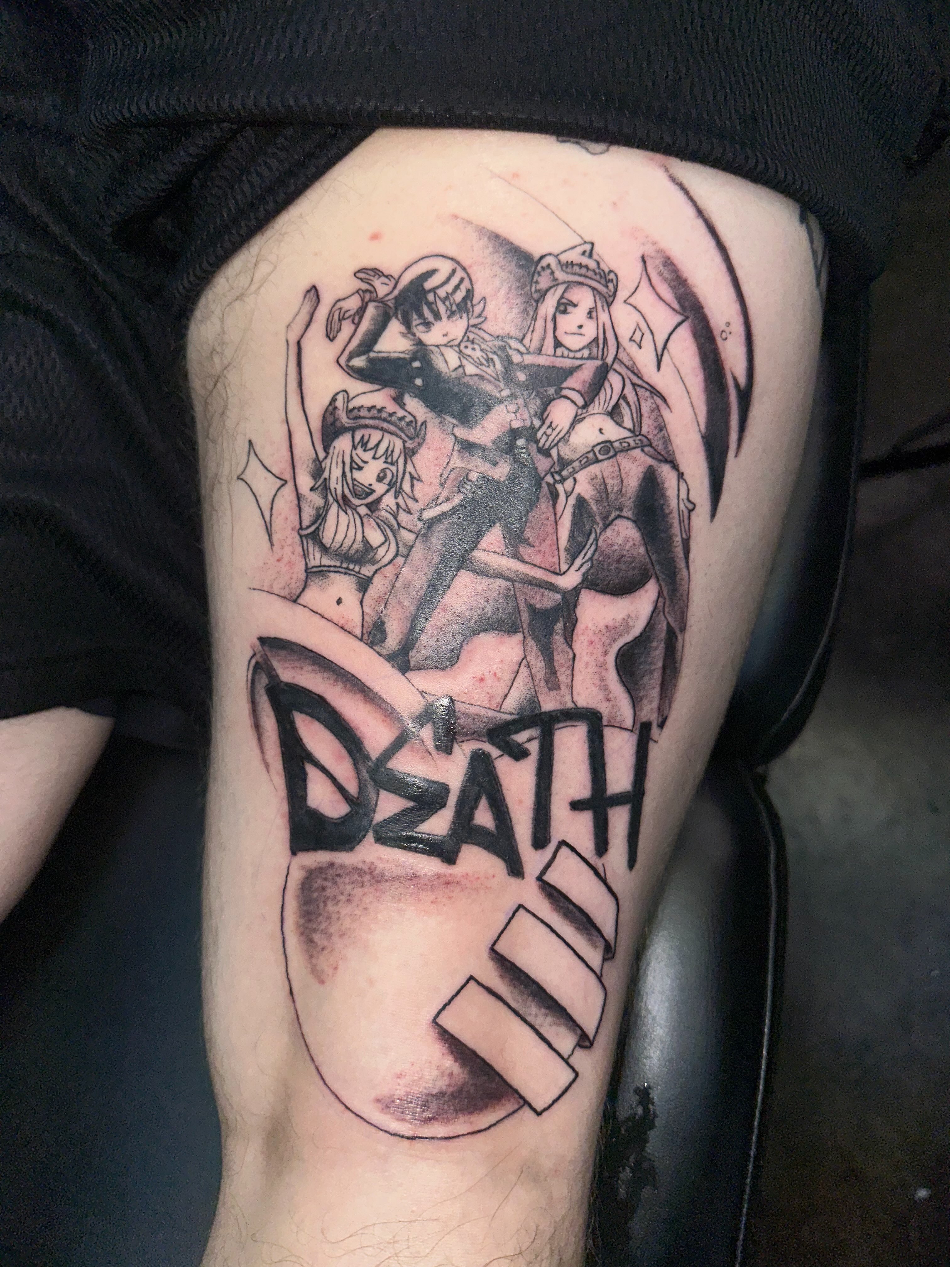 Tattoo by @bboyemo — anime, black_and_grey