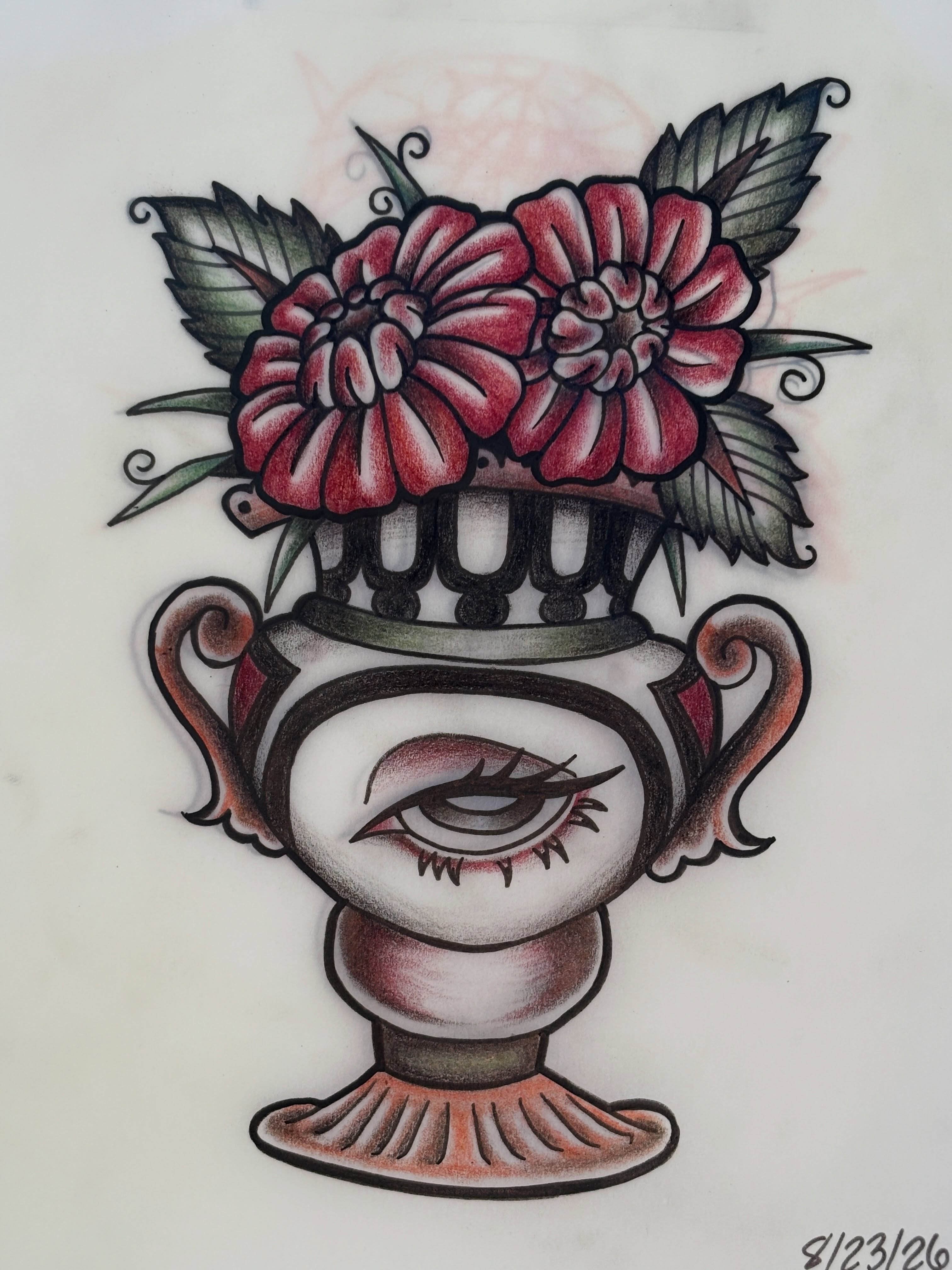 Eye and vase with flowers American traditional tattoo by Lilly Evans
