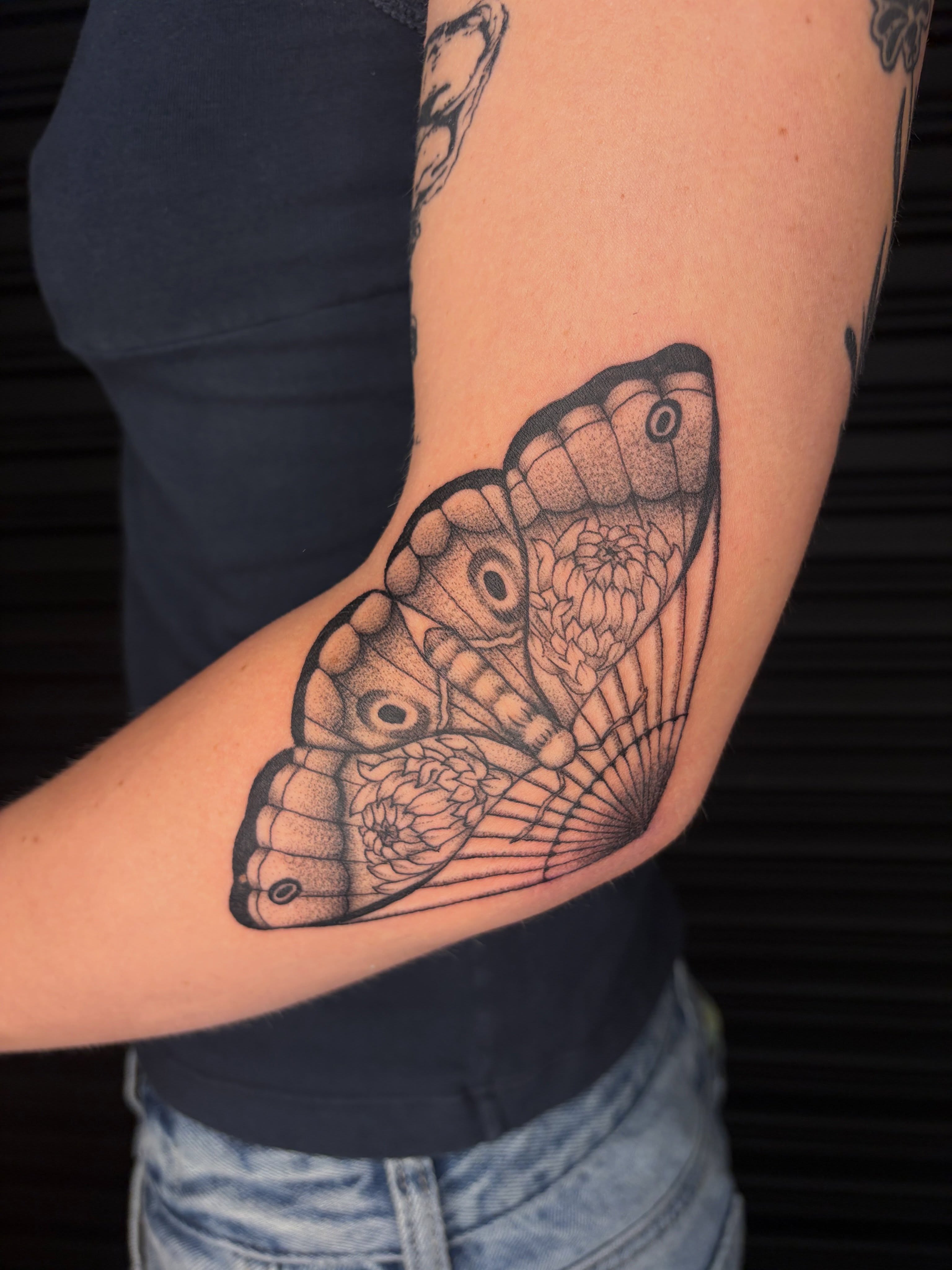 Butterfly dotwork tattoo on the forearm by san diego tattoo artist ✩, San Diego, California
