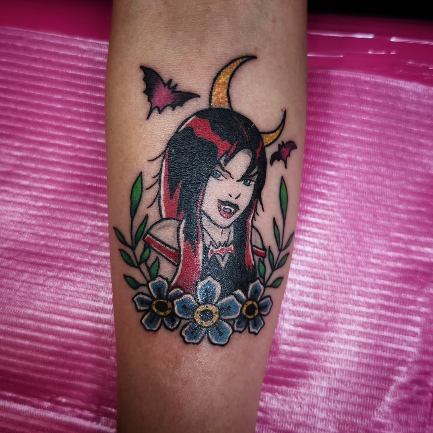 Female devil American traditional tattoo on the forearm by 🌟Amanda 🌟