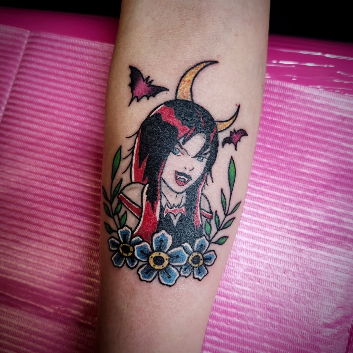 Female devil American traditional tattoo on the forearm by 🌟Amanda 🌟