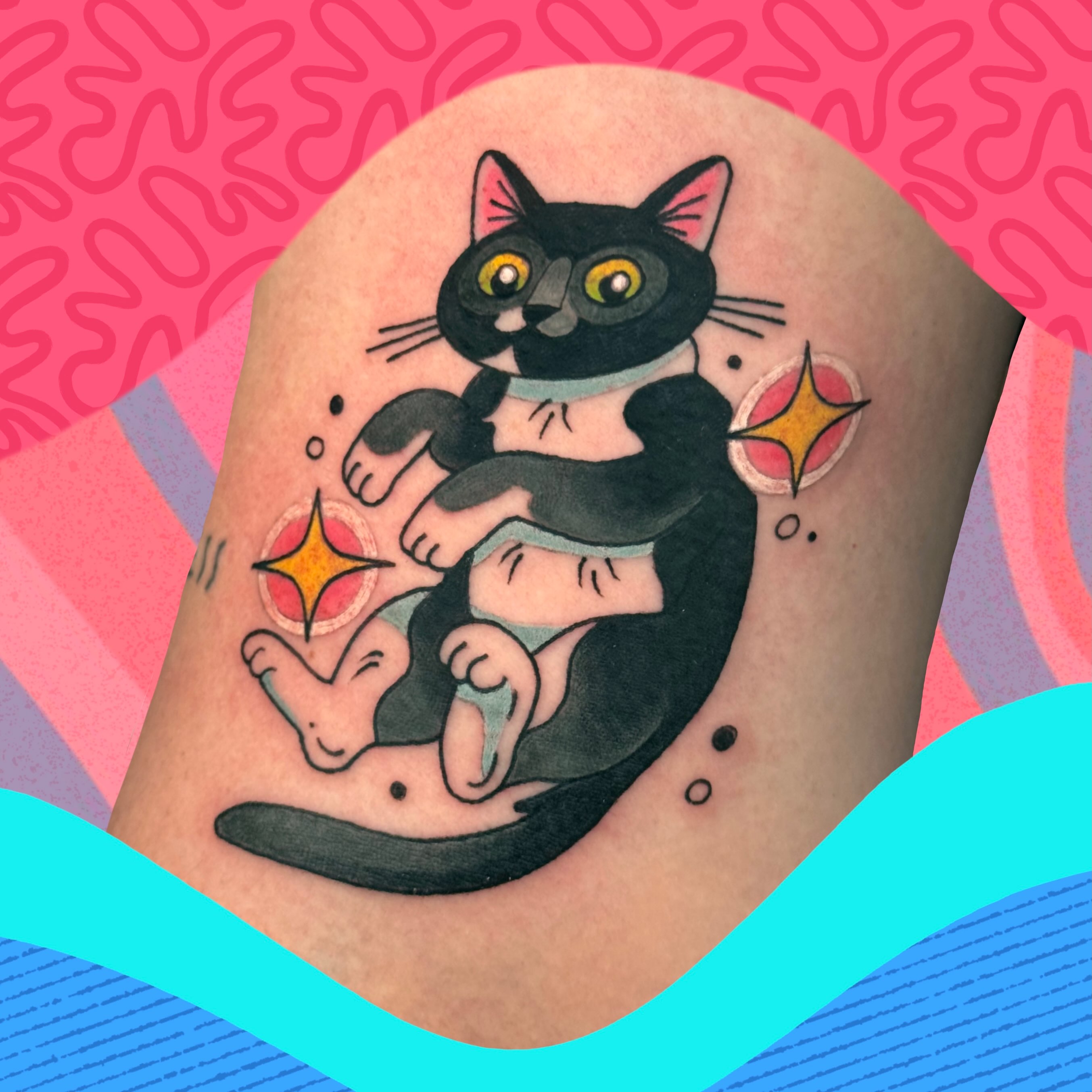 Cat new school tattoo on the forearm by π. ππππ, San Francisco, California