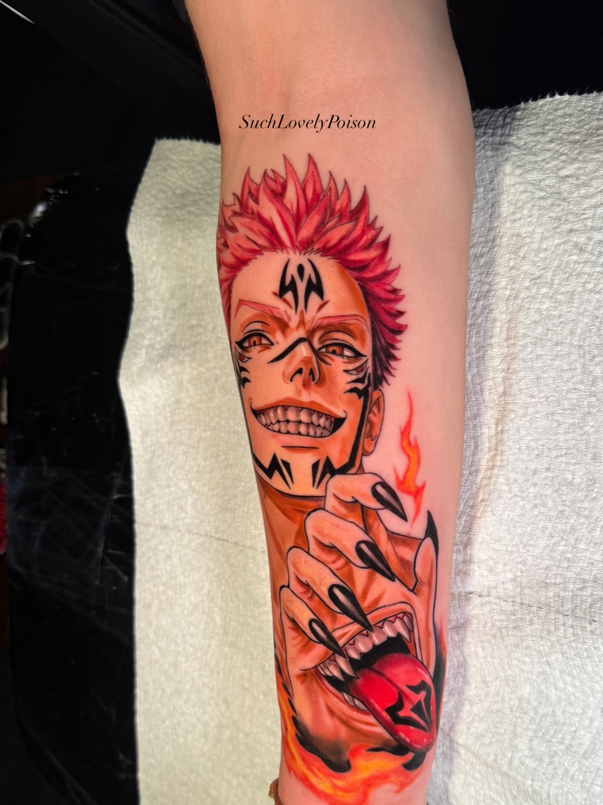 Anime character anime tattoo on the forearm by Ericka Hampton, Ferndale, Michigan