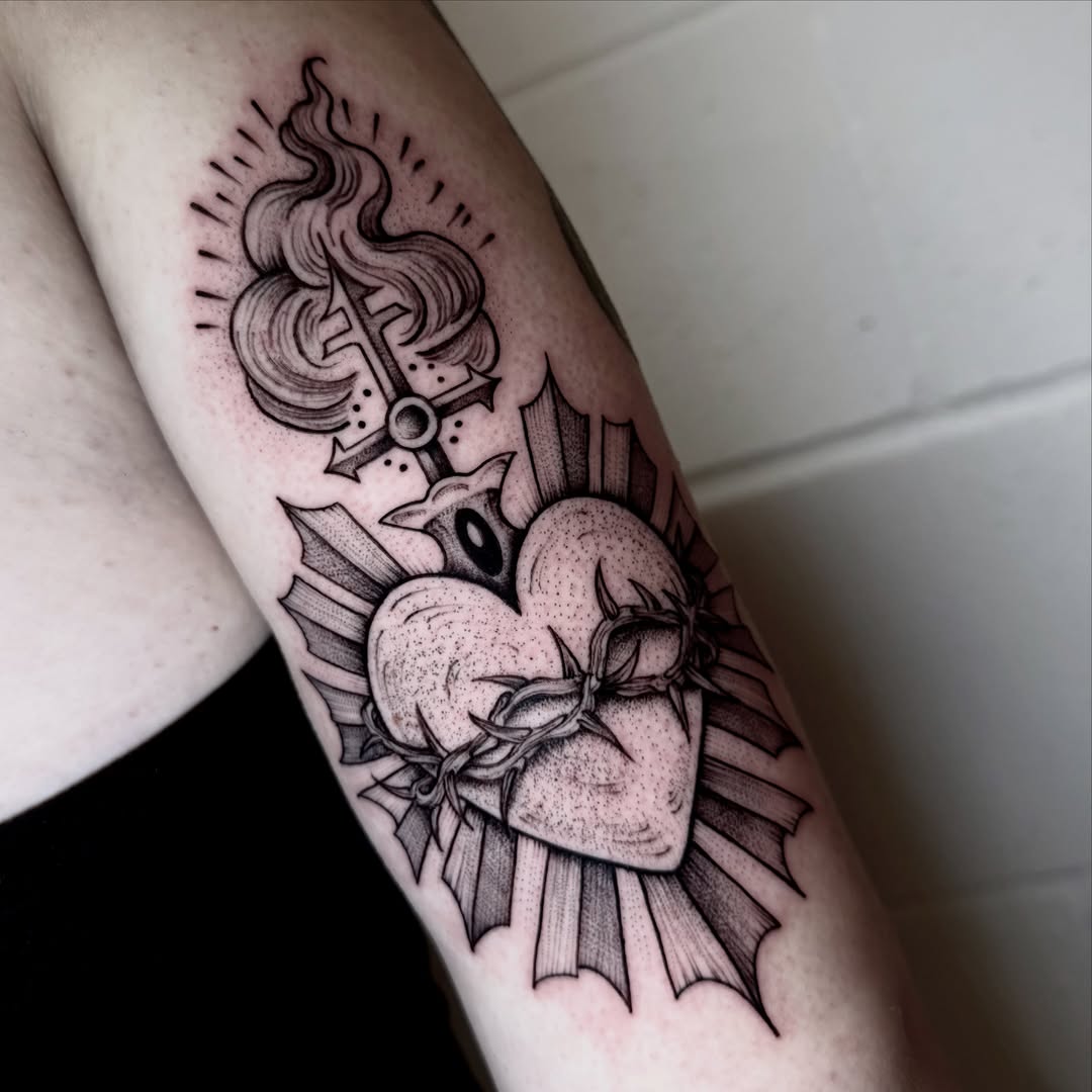 Heart with crown of thorns dotwork tattoo on the forearm by ℳ𝒾𝓇𝓉𝒽𝒶 𝒯ℴ𝓇𝓇ℯ𝓈, San Diego, California