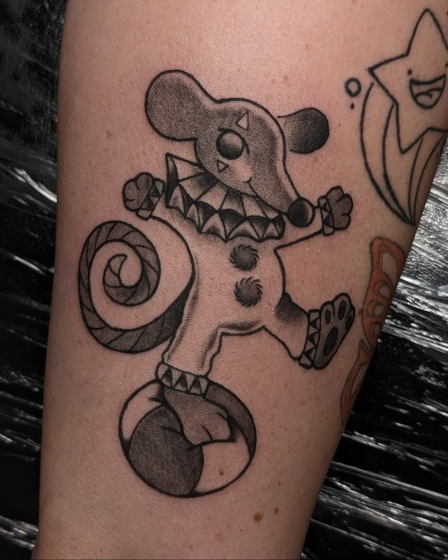 Mouse character black and grey tattoo on the forearm by ⓢⓐⓜ ✧*。