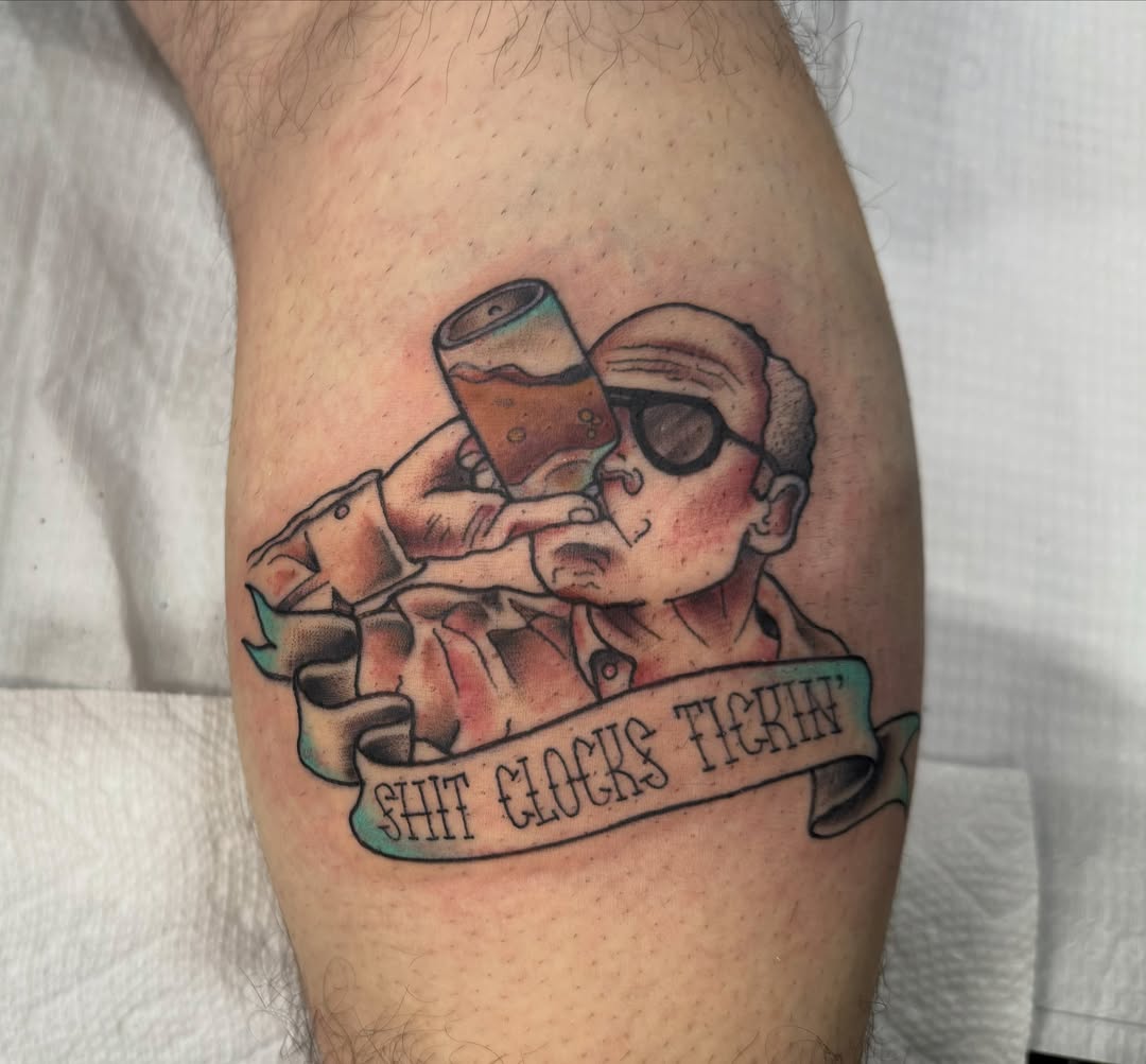 Old man drinking beer American traditional tattoo on the forearm by McKenna