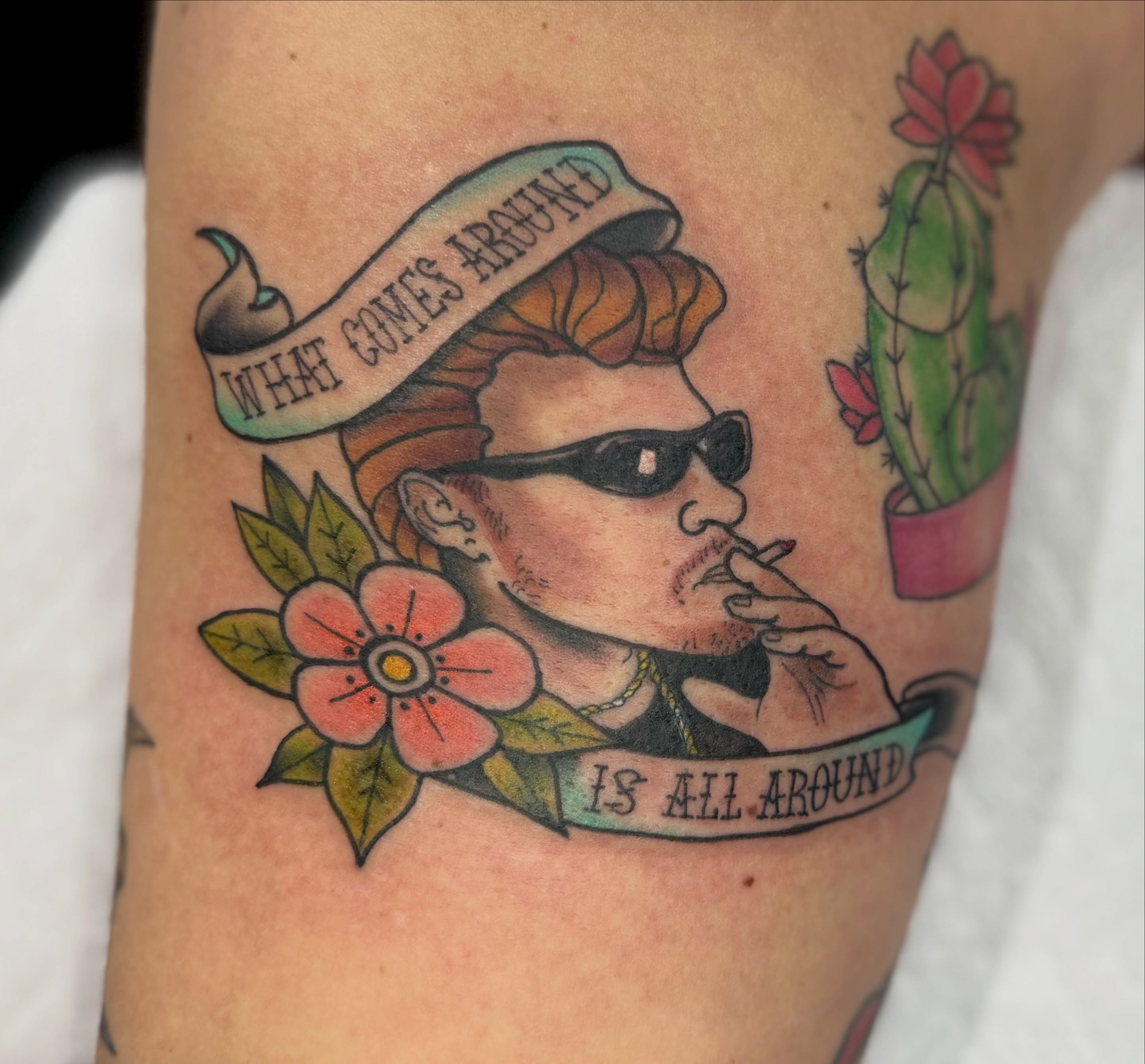 Woman smoking American traditional tattoo on the forearm by McKenna