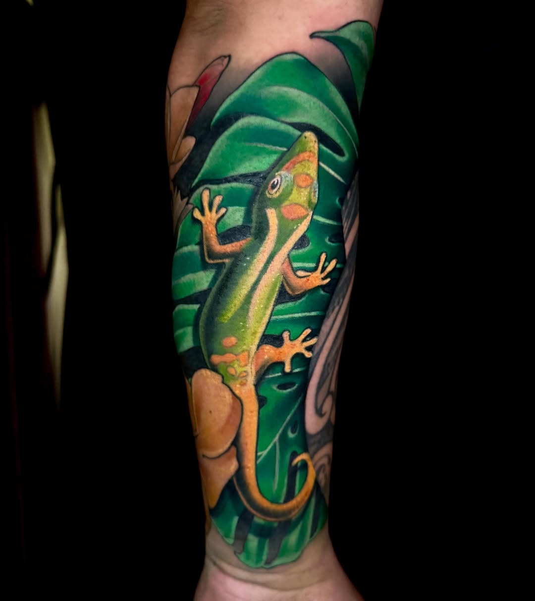 Gecko realism tattoo on the forearm by Sweets, Nashville, Tennessee