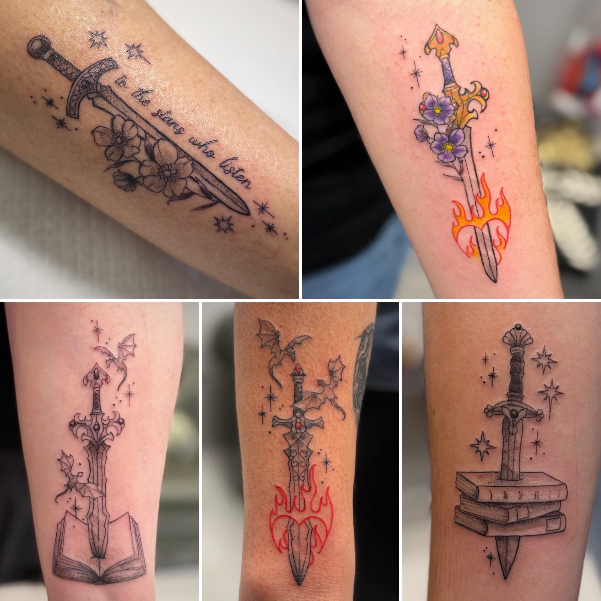 Sword and flowers neo-traditional tattoo on the forearm by Kori Millhimes